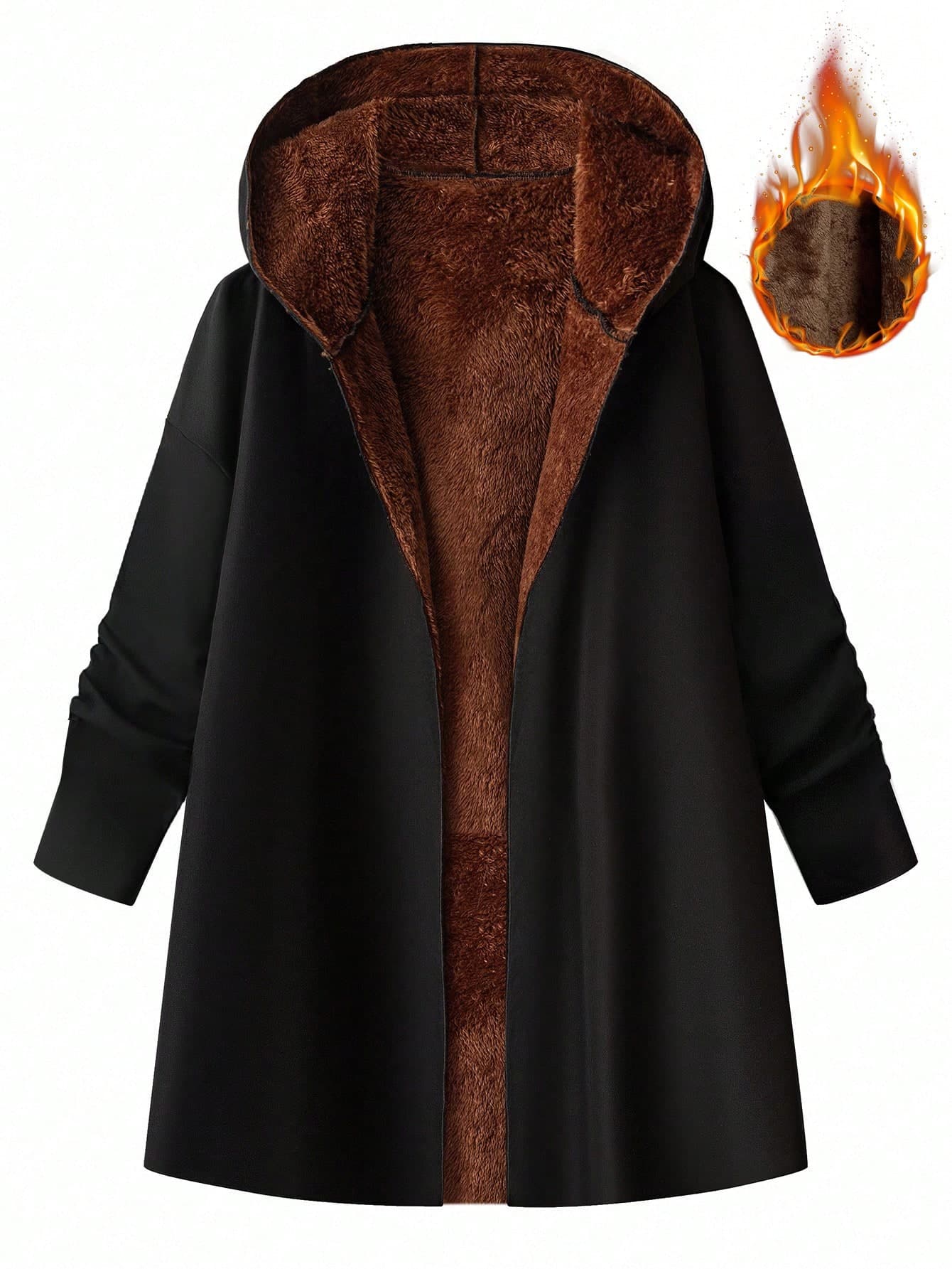 SHEIN Clasi Plus Size Women's Black Winter Casual Hooded Long Fleece Coat,Warm Reversible Double Sided Jacket With Pockets,Formal Evening Hiking Office Outwear
