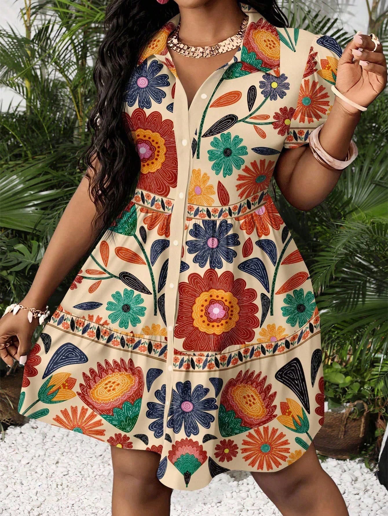 Slaydiva Women's Plus Size Beige Tropical Floral Print Mini Dress,Summer Boho Vacation Holiday Chic Puff Sleeve Umbrella Skirt Casual Minimalist
