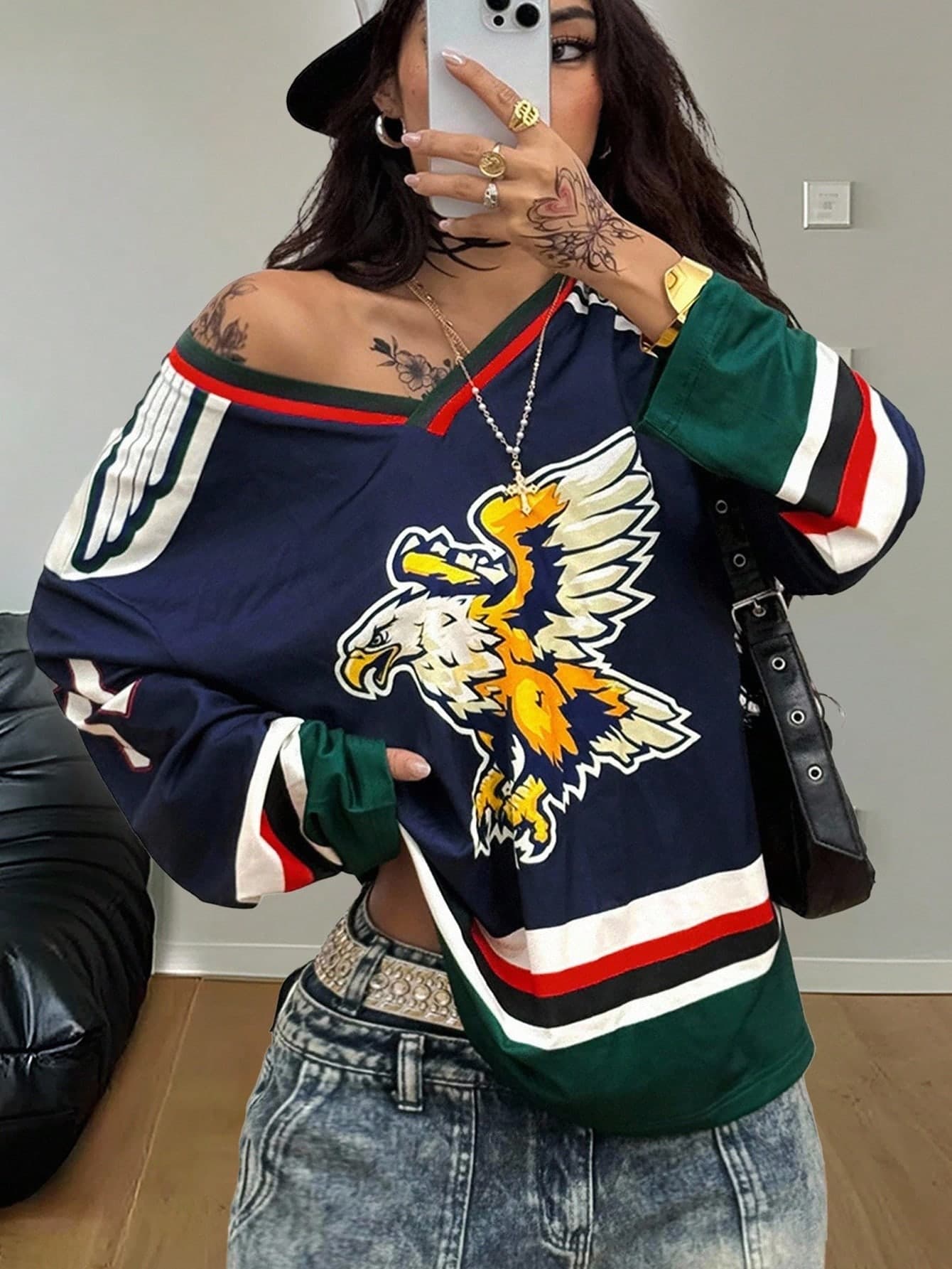 Coolane Women's Fall/Winter Streetwear Vintage Athleisure Y2K Daily Wear Eagle Pattern V-Neck Long Sleeve Oversized Jersey T-Shirt Usa /Eagle