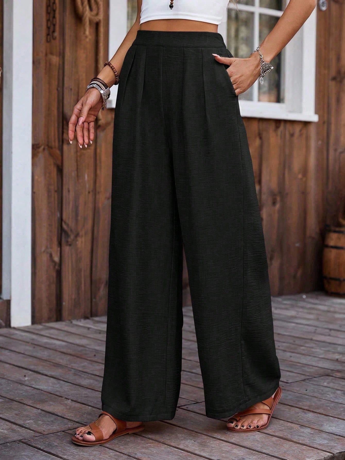 LanaWest Women's Solid Color High Waist Pleated Loose Straight Leg Casual Pants Vacation Black Summer