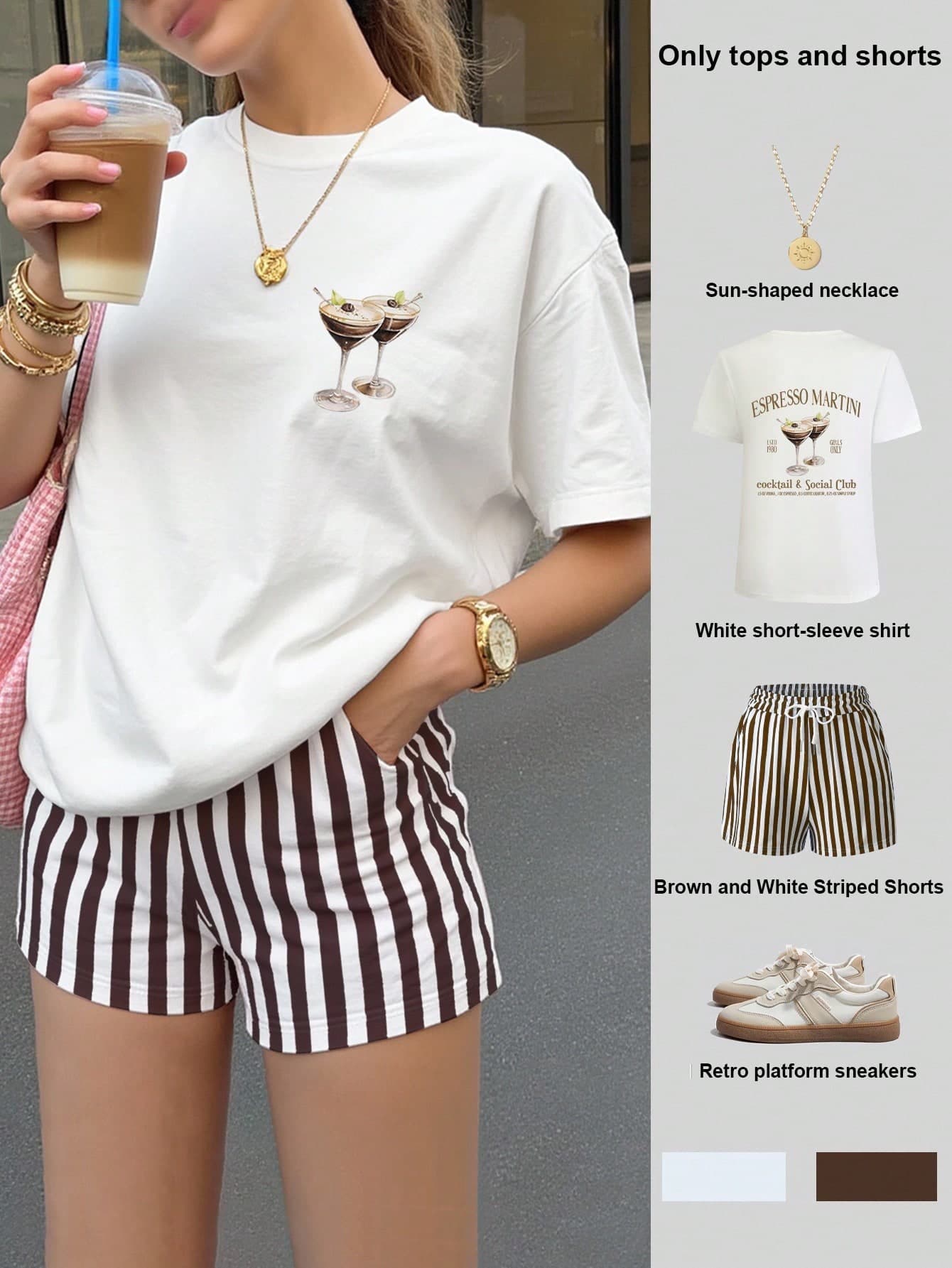 INAWLY Summer Women's Two Pieces Short Sleeve T-Shirt And Striped Shorts Set With Cocktail Print