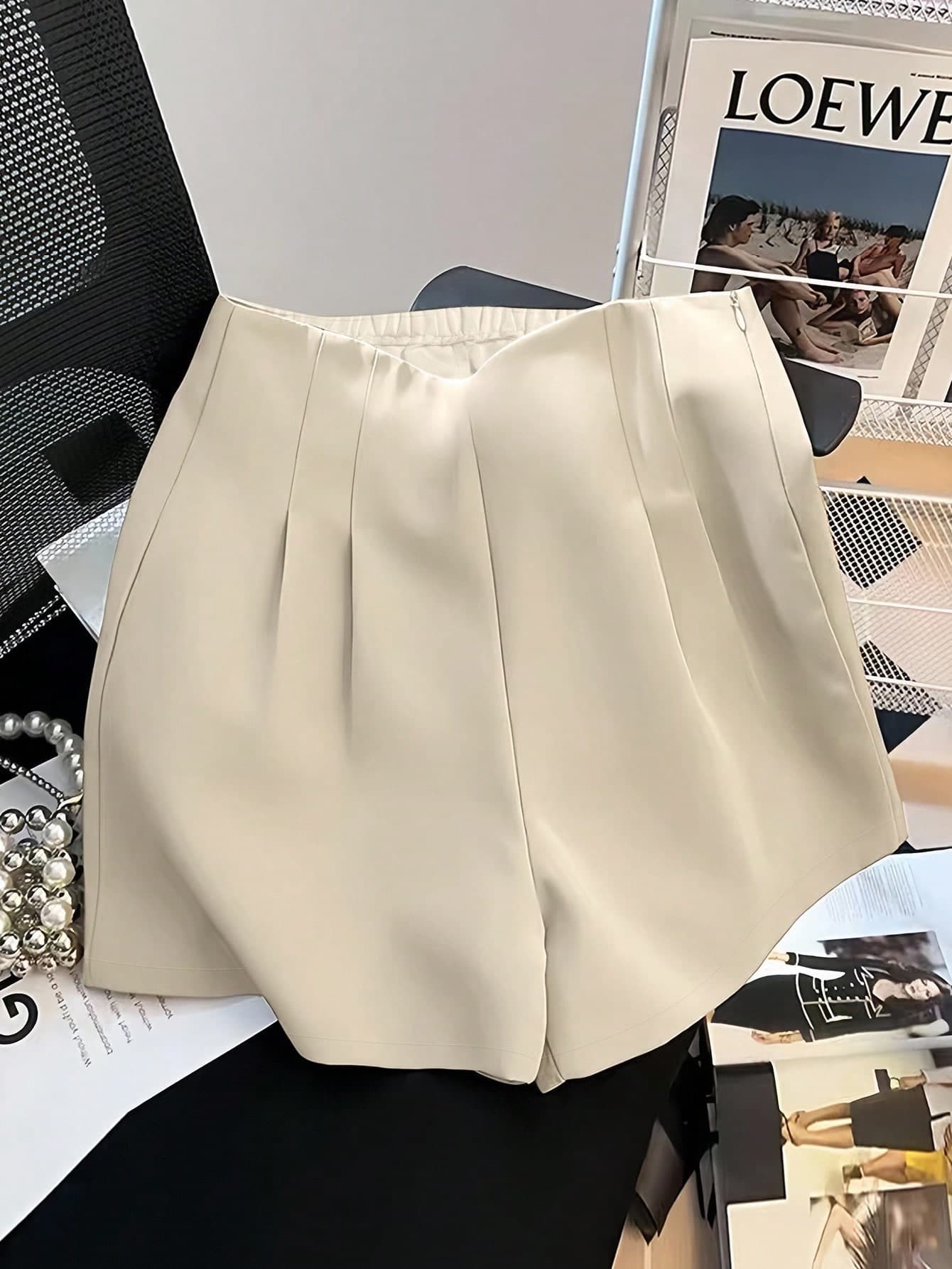 INAWLY Elegant High Waist Zipper Wide Leg Shorts, Casual Fashion Pleated Women Shorts