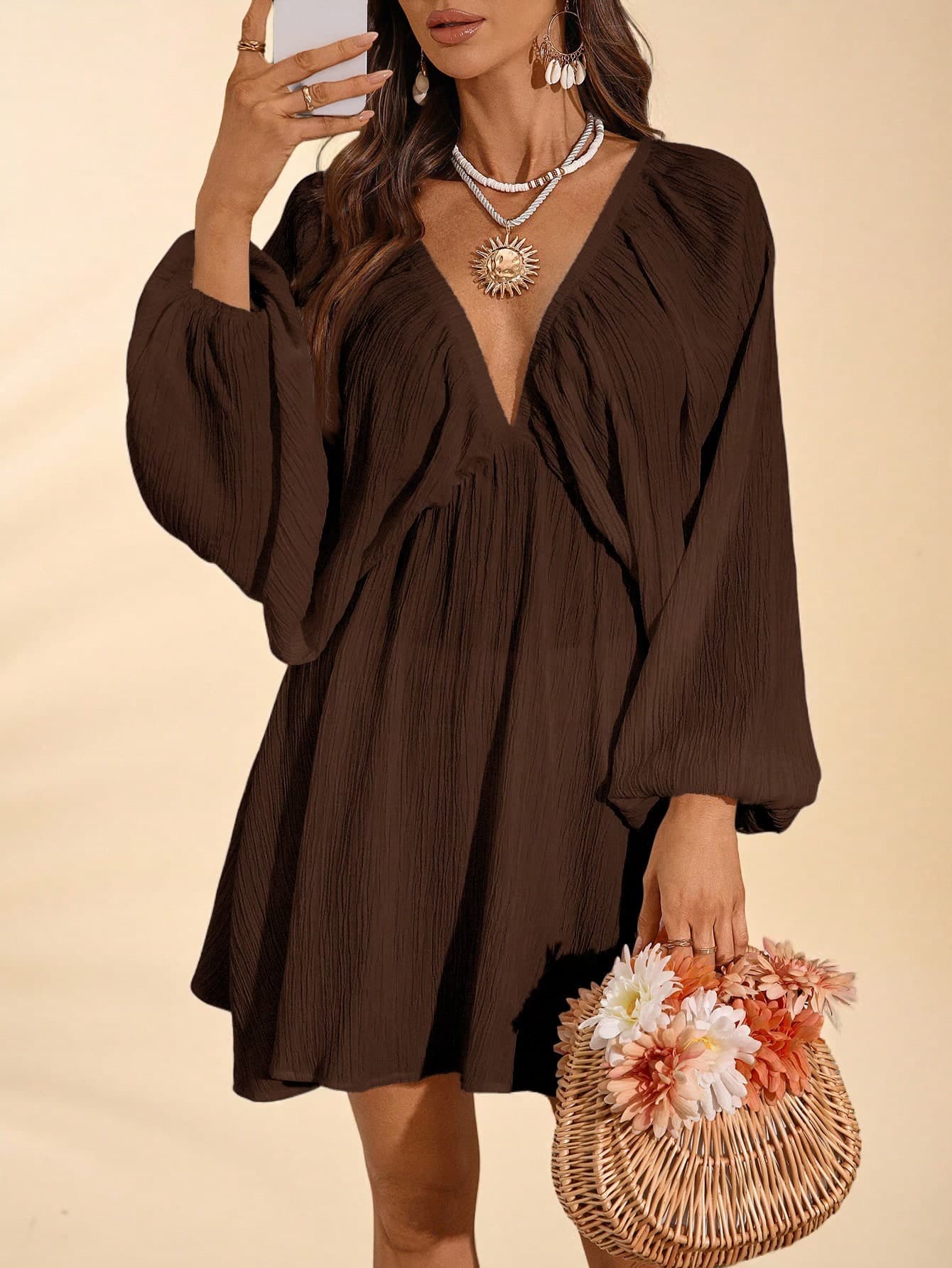 Travachic Women's Solid Color Woven Loose V-Neck Long Sleeve Dark Brown Mini Dress,Boho Summer Beach Vacation Holiday Holiday,Elegant Wedding Guest Outfits