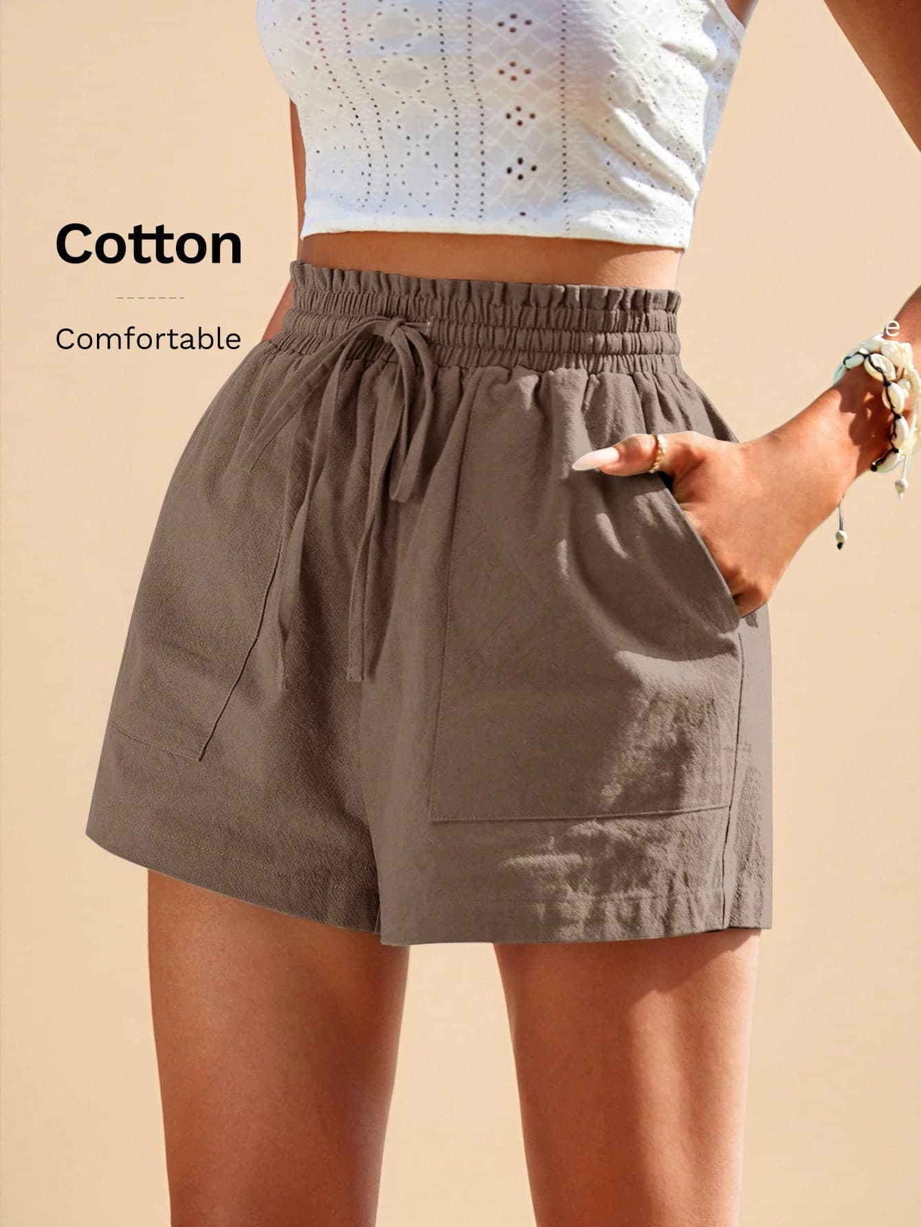 Travachic Women's Coffee Brown Cotton Shorts,Drawstring Waist Comfy Summer Shorts,Boho Beach Holiday,Casual Vacation Bohemian Style Khaki Shorts