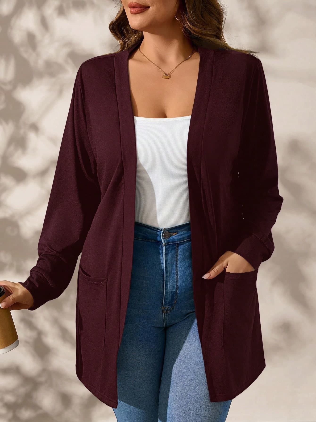 SHEIN Clasi Deep Red Knit Pocket Long Sleeve Loose Plus Size Jacket In Fall/Winter