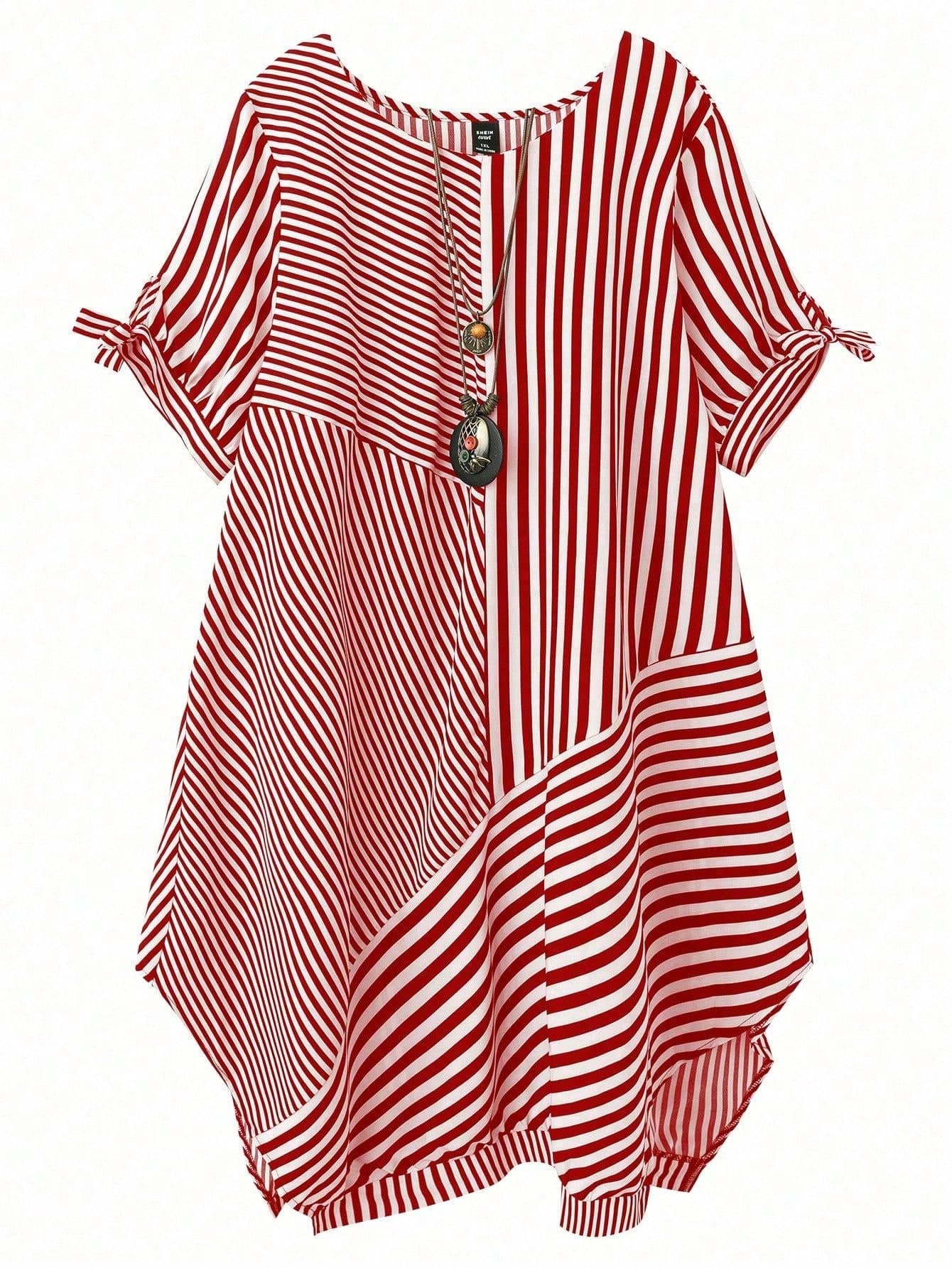 Linhara Red And White,Summer,Boho,Vacation Women's Plus Size Dress,Elegant Vintage Striped Patchwork Twist Hem Short Sleeve Round Neck W-Shaped Hem Design
