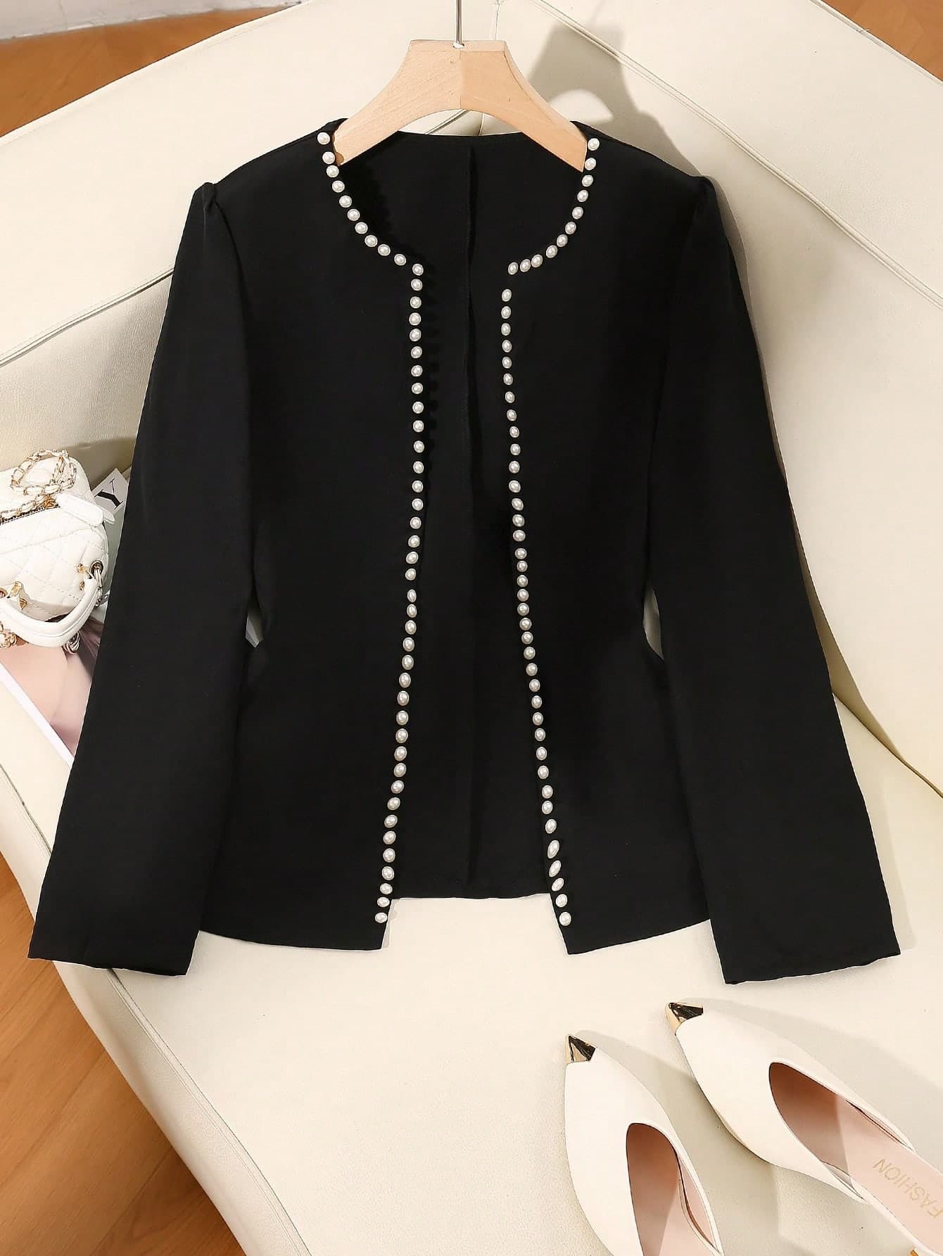 Modelyn Elegant Romantic Luxury Pearl Decor Plus Size Cardigan, Versatile Fashion Fall