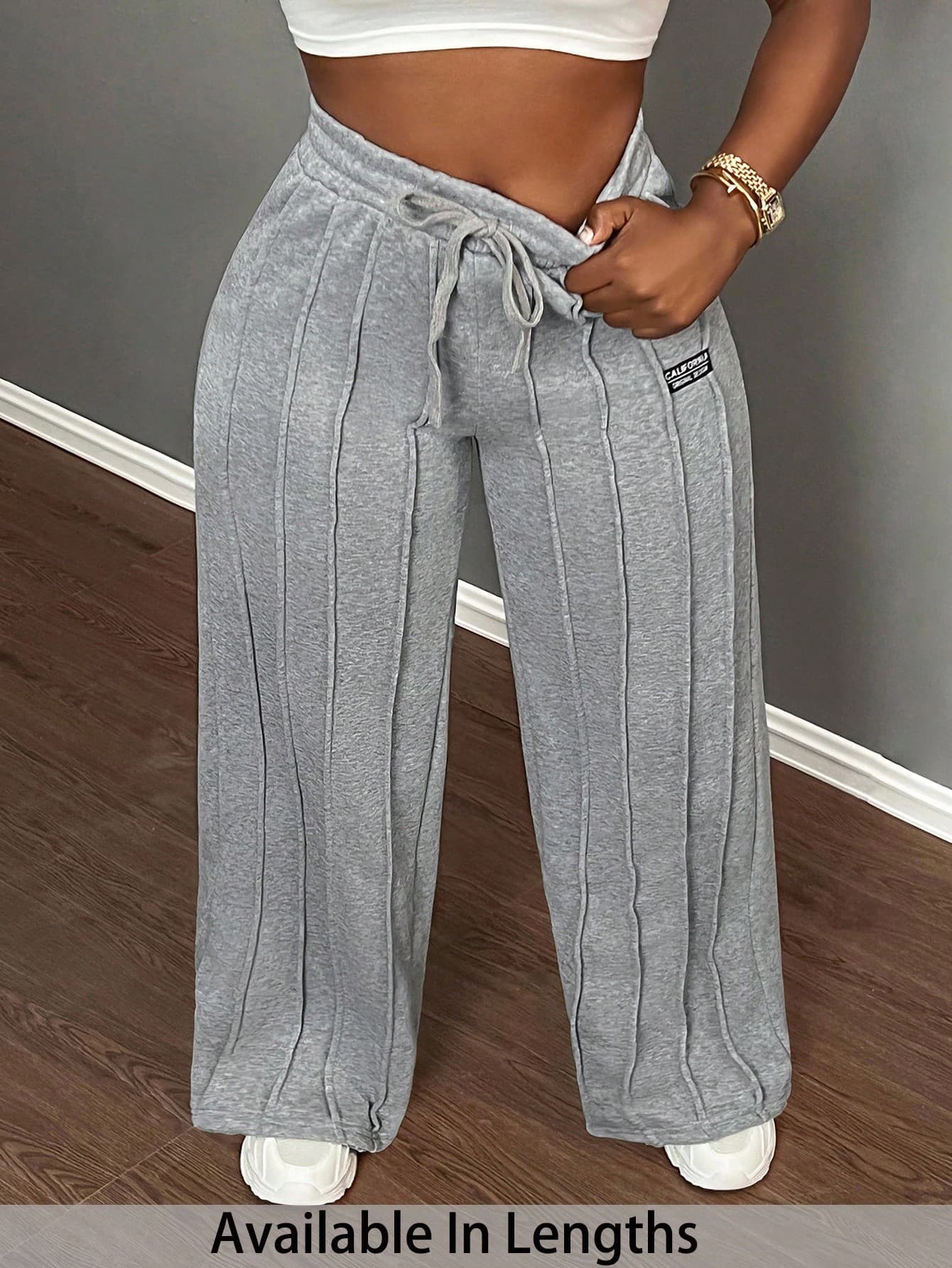 SHEIN PETITE CURVE Plus Size Women Casual All Grey Low-Waist Straight-Leg Back To School Sweatpants, Suitable For Autumn/Winter Wide Leg Drawstring Pants Comfy Fall