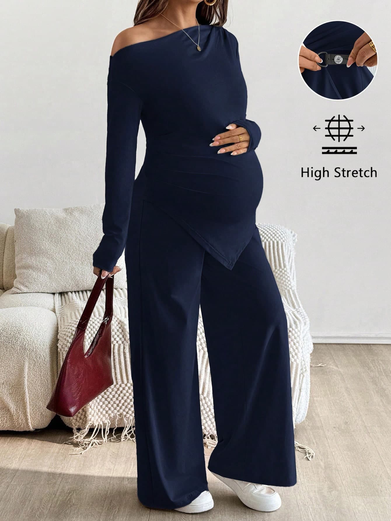 SHEIN 2pcs Maternity Casual Solid Asymmetric Top And Pants Set Pregnant Outfits Two Piece Sets Jumpsuits For Woman Pregnancy Clothes Suits Fall