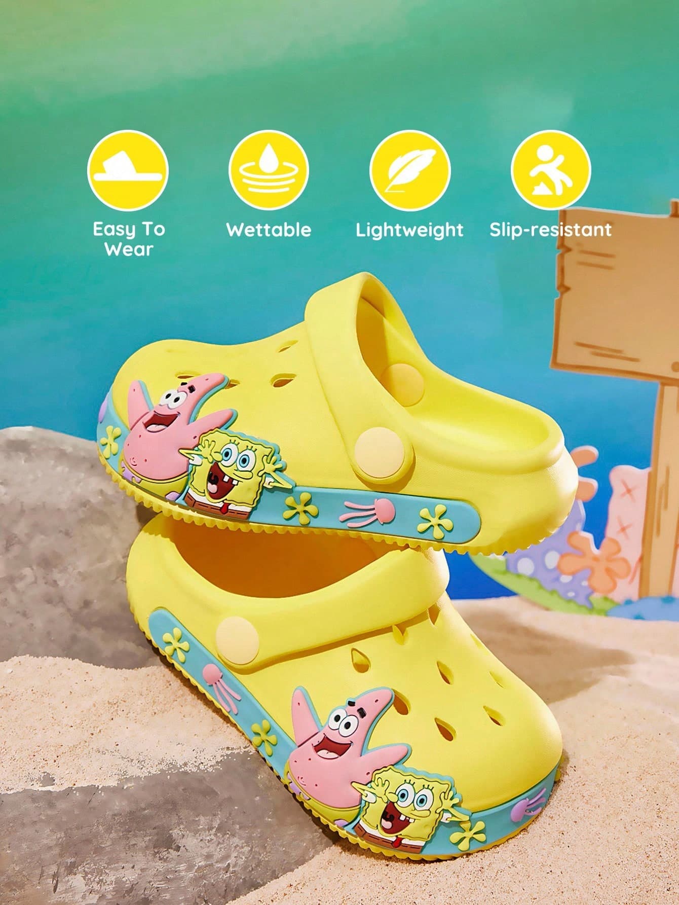 SpongeBob SquarePants | SHEIN Cute Cartoon Slippers, Suitable For Young Children, Children, Light And Durable EVA Material,, Suitable For Swimming Pools, Beaches, Etc