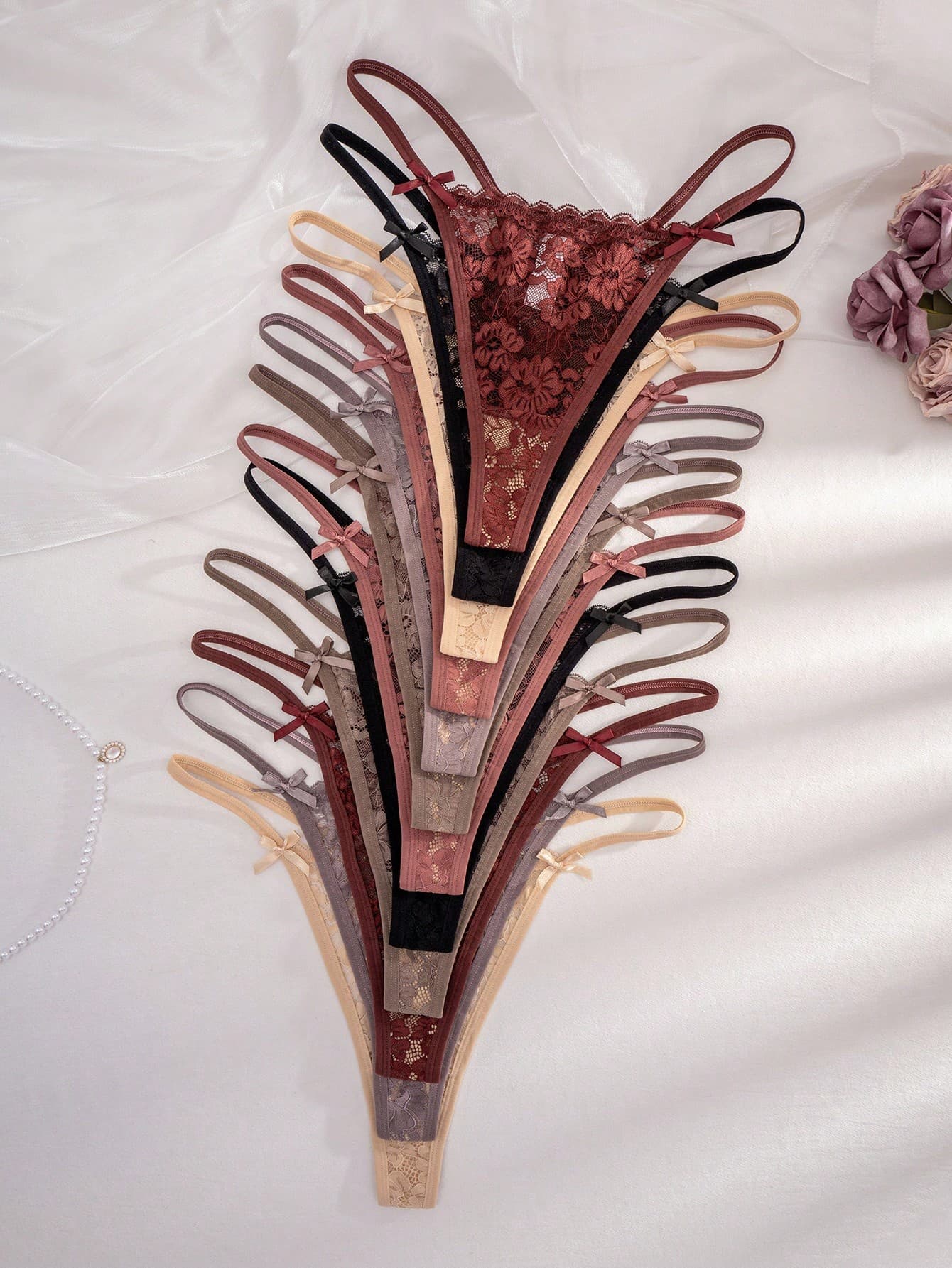 QuietHaus 12pcs/Pack Plus Size Women Lace Bow Thong Panties