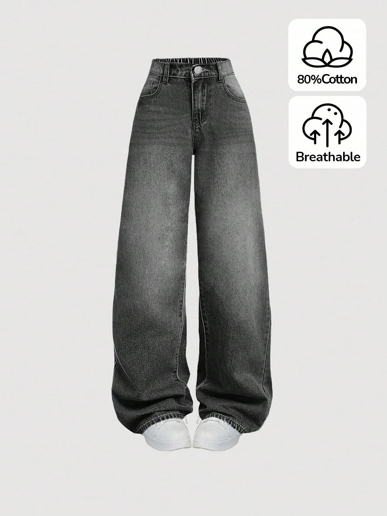 SHEIN Girlism Teen Girl Y2K Loose Fit Casual Denim Pants With Pockets And Wide Legs, Summer Break Denim Jeans. Fall Winter