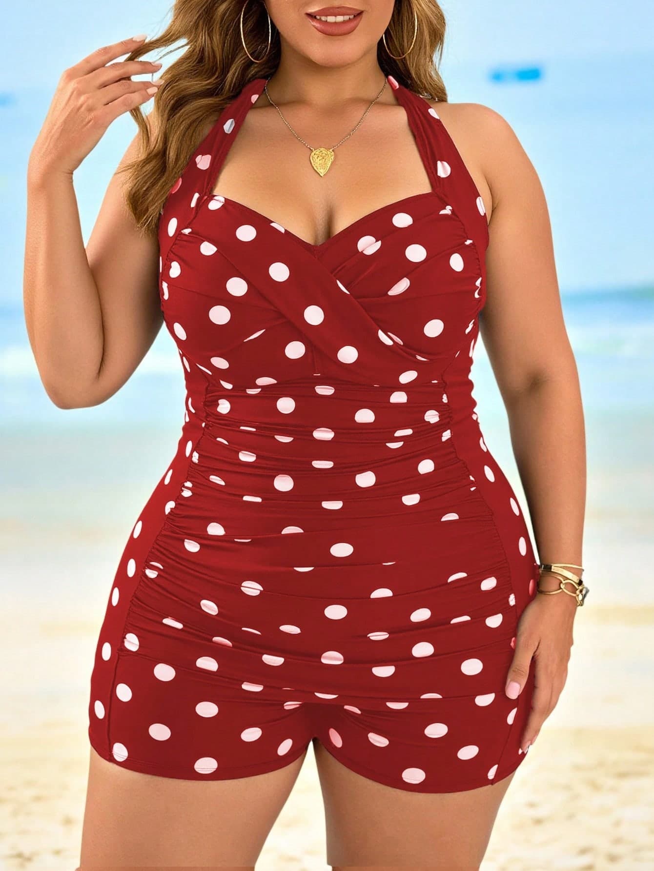 Swim Lushoire Women Plus Size Polka Dot Dual-Color Print Halter Strap Cross Front Pleated Slim One-Piece Swimsuit,1920s Flapper,Summer,Beach,Holiday Vacation Wear