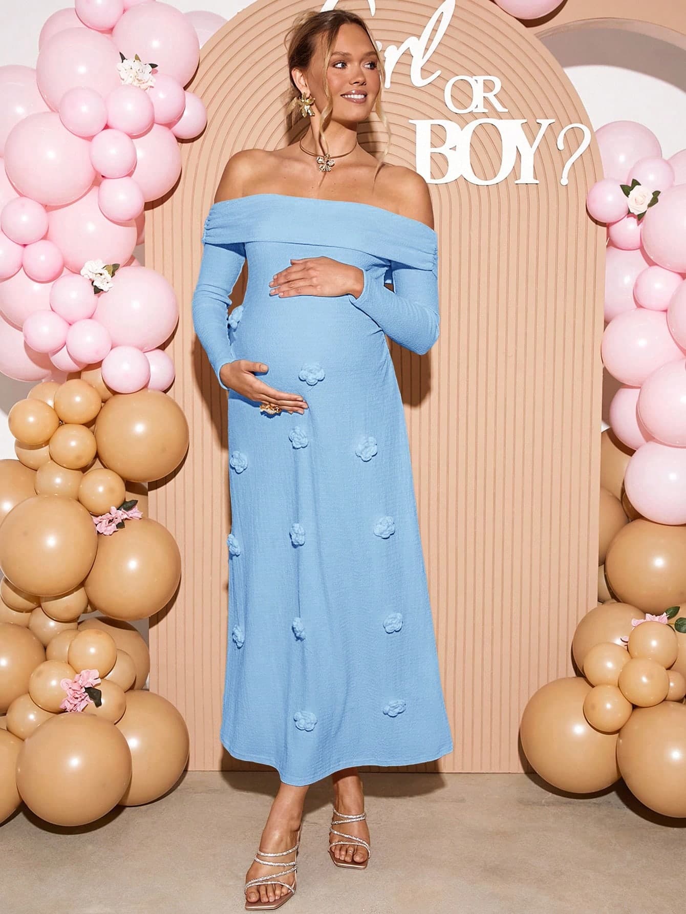 Loomaby Maternity 3D Floral Decor Off Shoulder Dress, Blue Babyshower For Photoshoot Gender Reveal Pregnancy