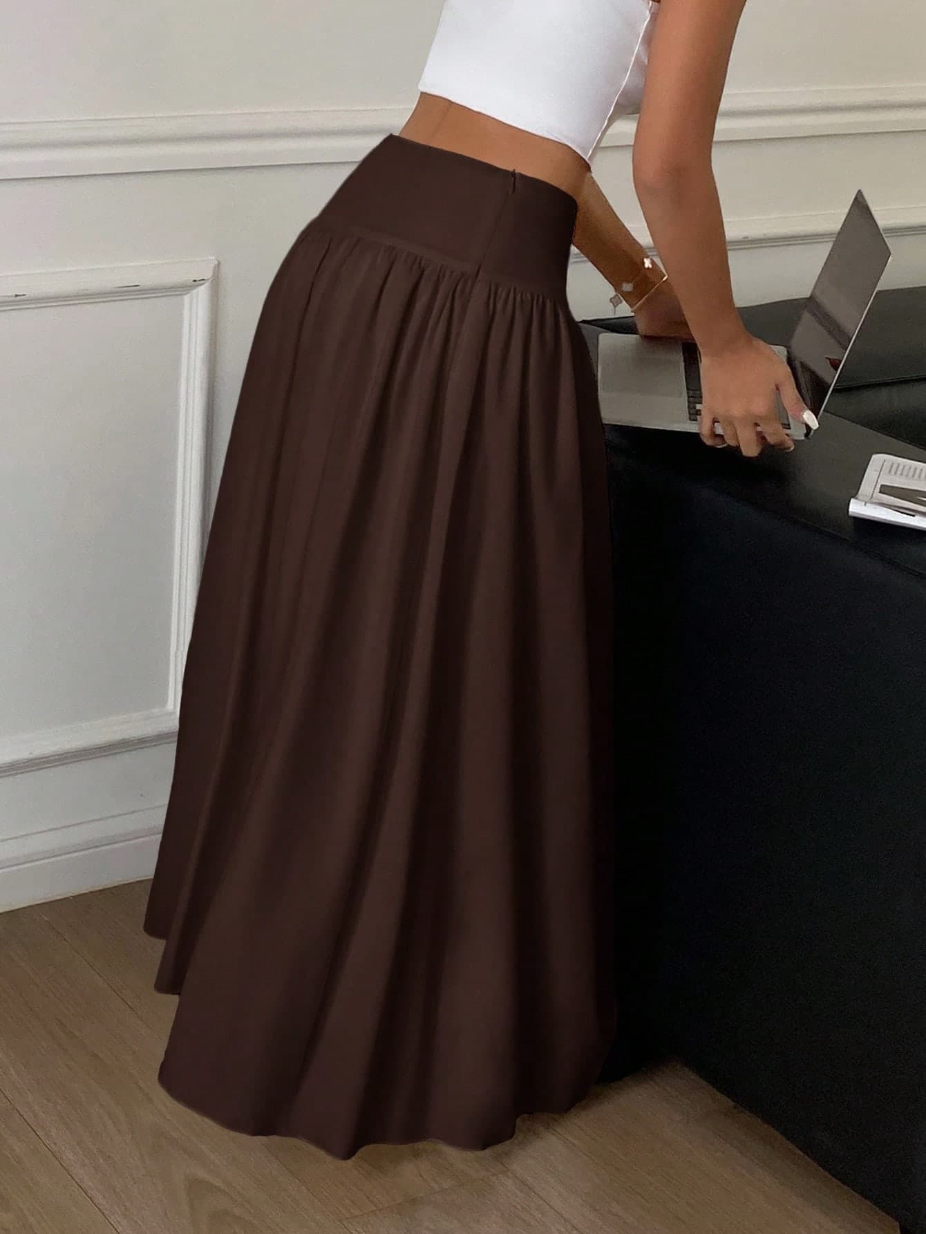 Serisse Women's Solid Color High Waist Pleated Casual Fashion Maxi Skirt,Brown Long Elegant Winter Spring