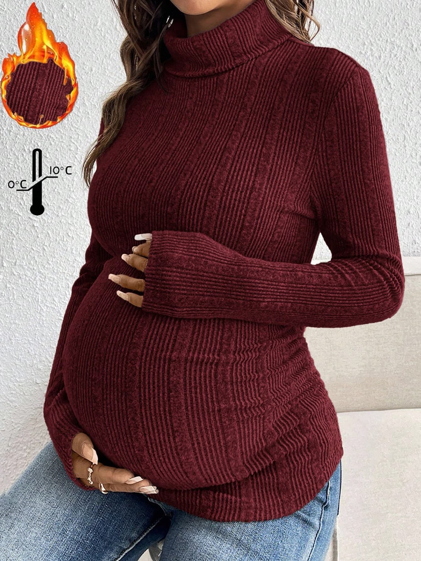 SHEIN Maternity Casual Solid Color Long Sleeve Turtleneck Fitted T-Shirt,Burgundy,Autumn,Smart Casual,Everyday,Prom Pregnant Clothes Pregnancy Shirts Fall