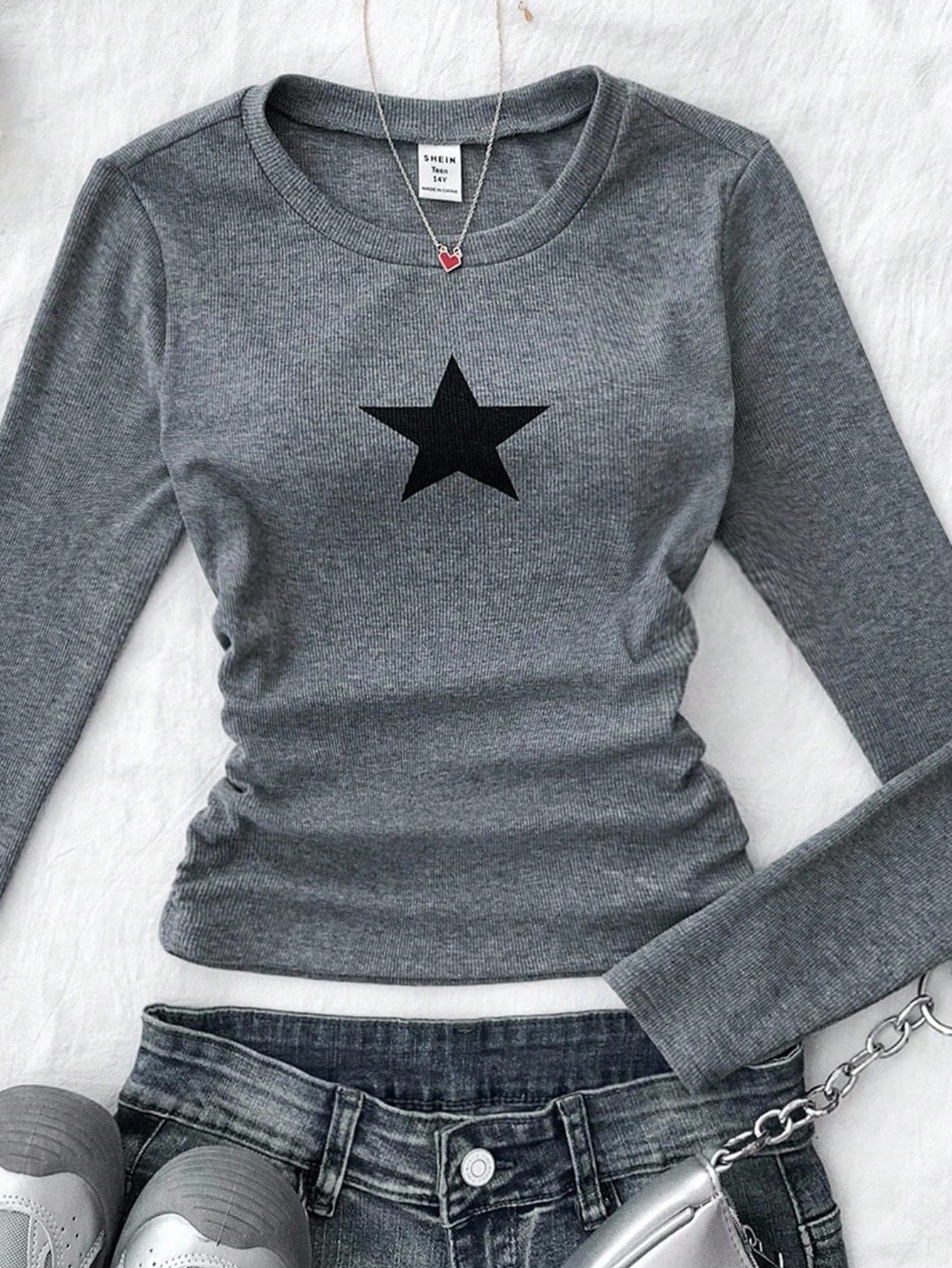 Teen Girls Solid Color Star Pattern Pleated Camisole, Suitable For Casual Wear, Winter