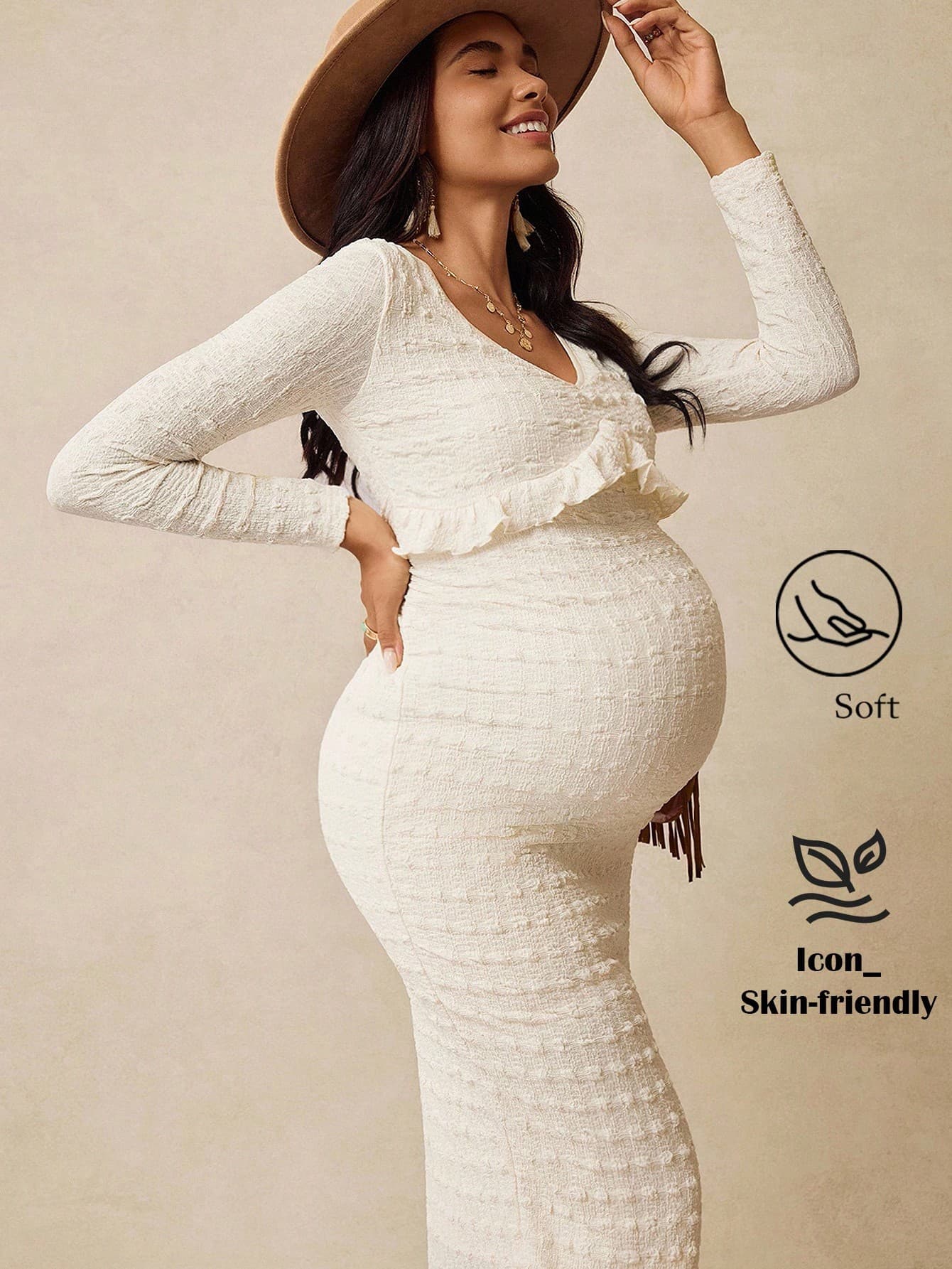 Boho Mama Elegant Maternity White Dress For Photoshoot,Autumn Pregnant Women V-Neck Ruffle Trim Fitted Knit Boho Clothing,Baby Shower Wedding Guest Dress Fall