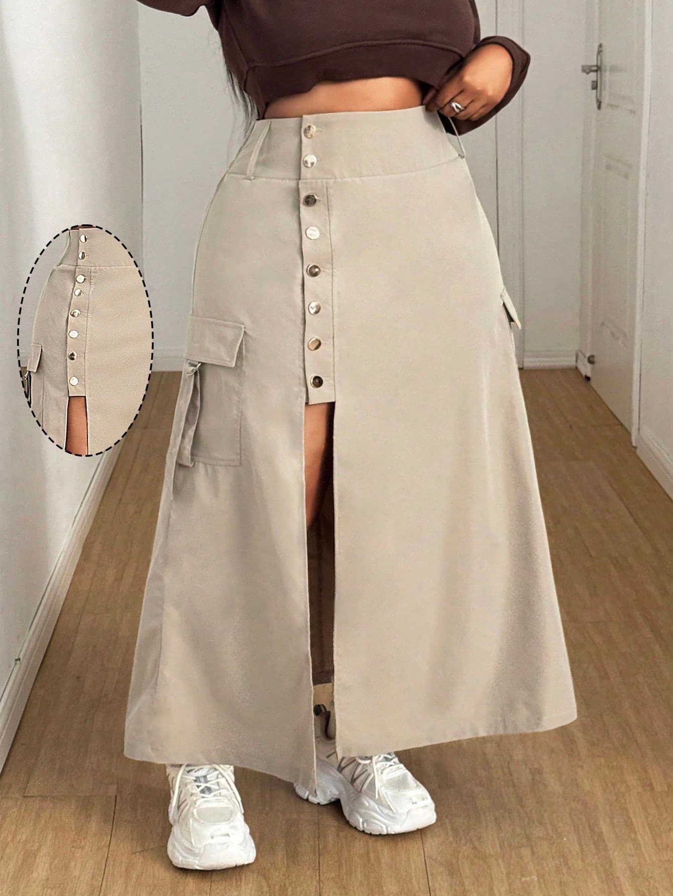 Maweii Plus Size A-Line Split Hem Casual Commuter Long Cargo Skirt, Autumn/Winter Fall