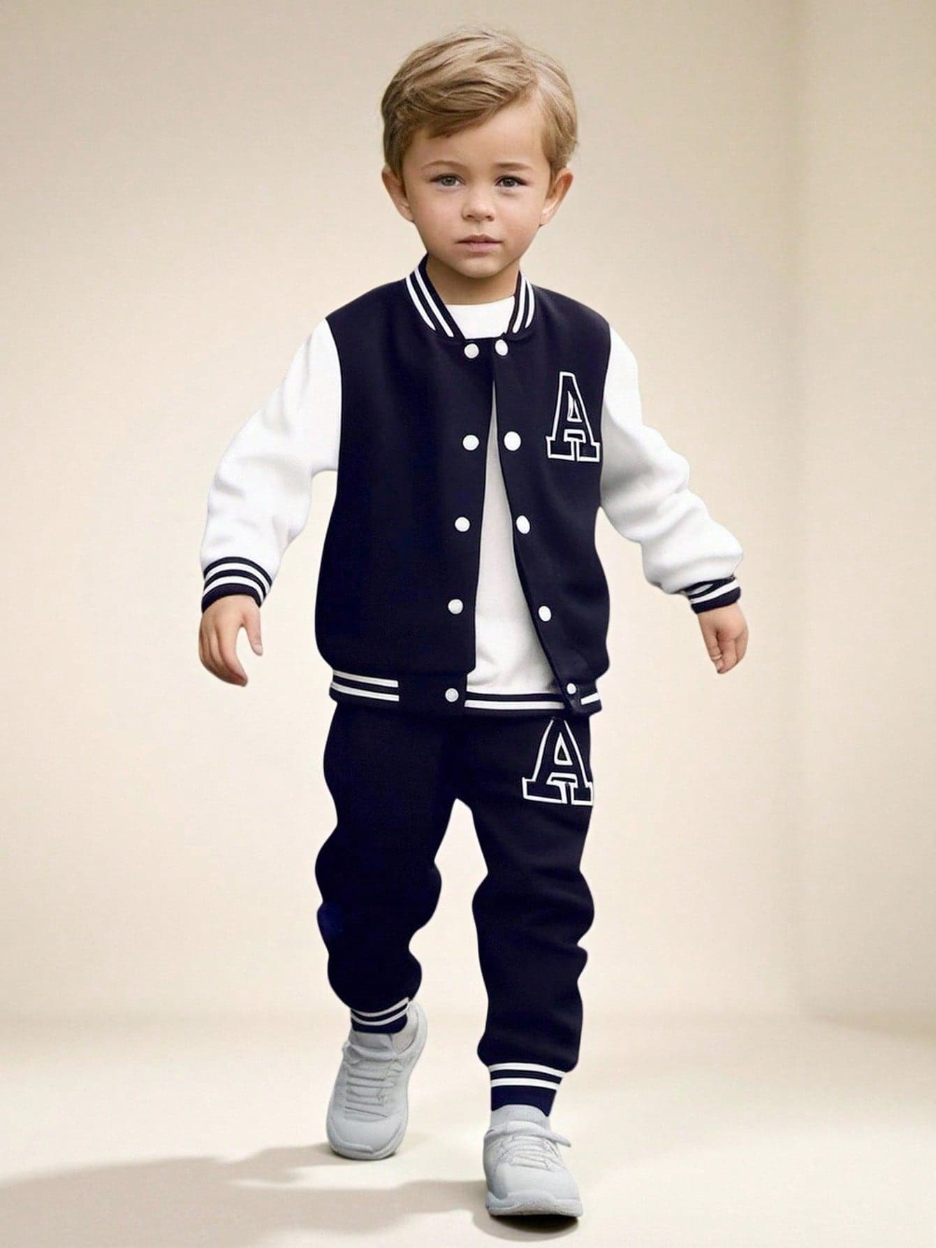 SHEIN Explorewe Young Boy's 2 Pieces Outfit,Black Knit Top&Sweatpants With Letter A Graphic Print,Winter,Career Day,Back-To-School,Relaxed Fit Casual Sports Wear Set