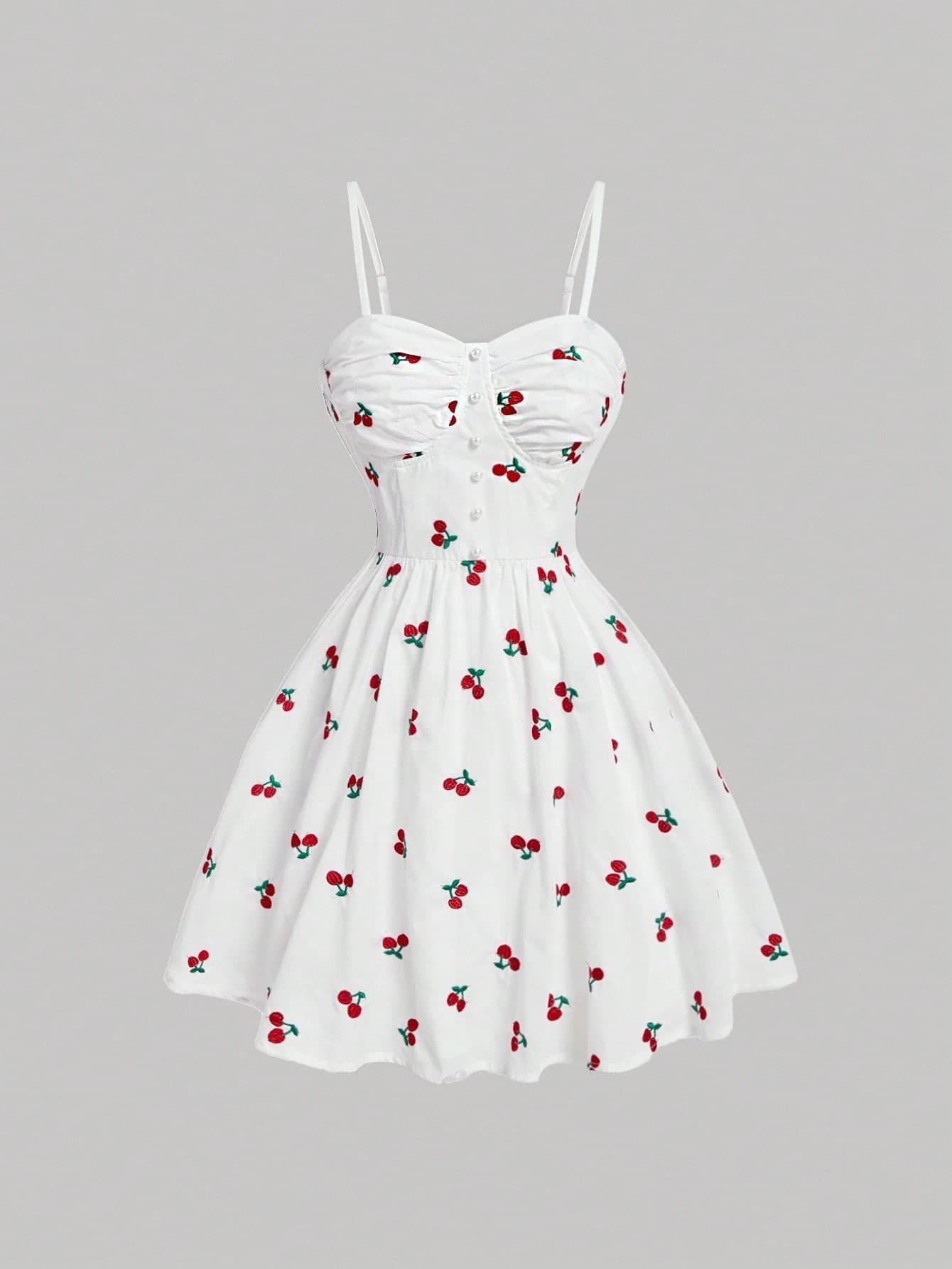 SHEIN MOD Cherry Embroidery Spaghetti Strap Dress, Graduation Dress