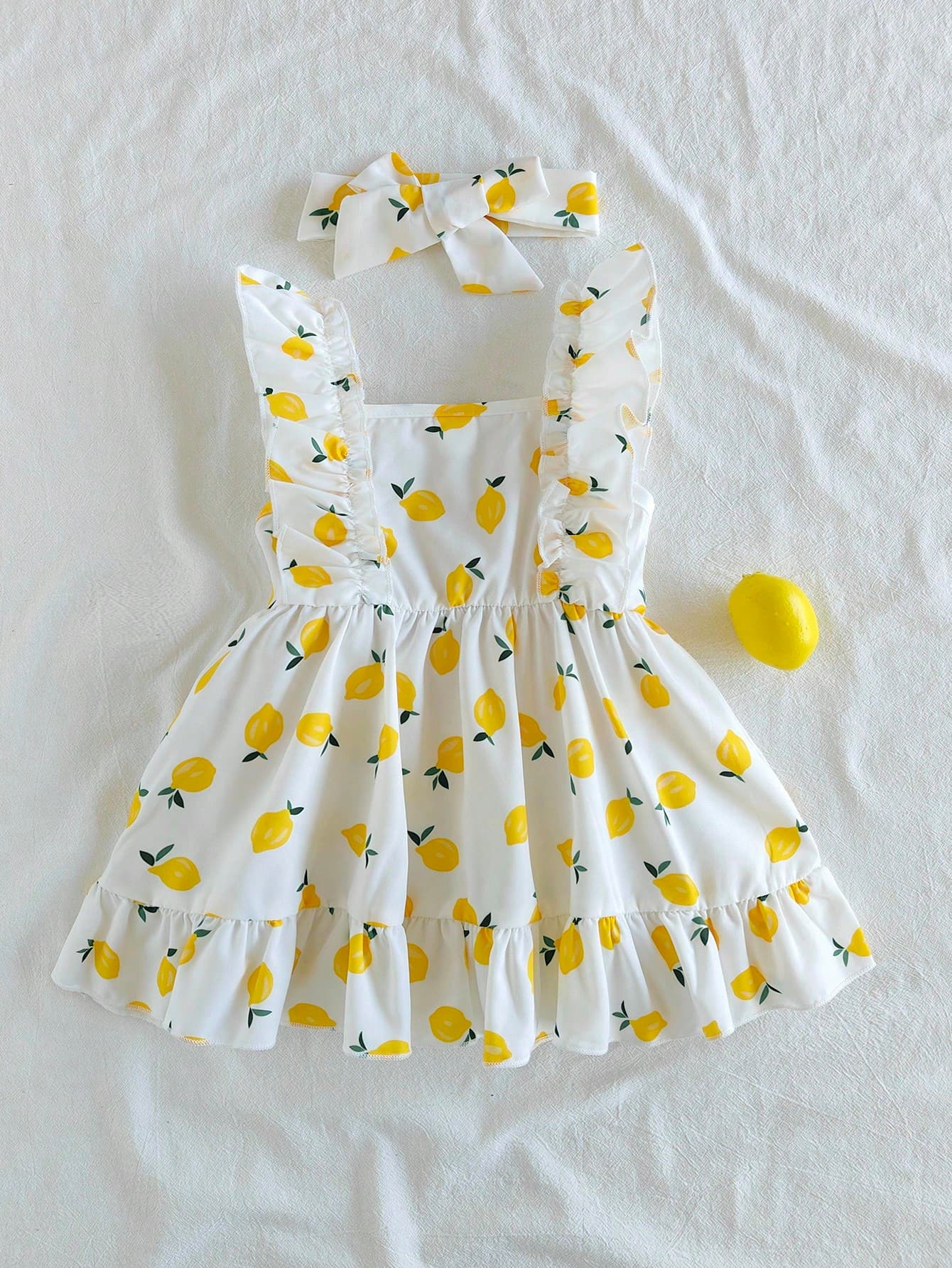 SHEIN Vintaside Kids Baby Girl Halter Dress,Strawberry Print Pink White Plaid Ruffle A-Line Dress,White And Yellow,Summer,Casual,Holiday,Vacation,Holiday Party Clothing
