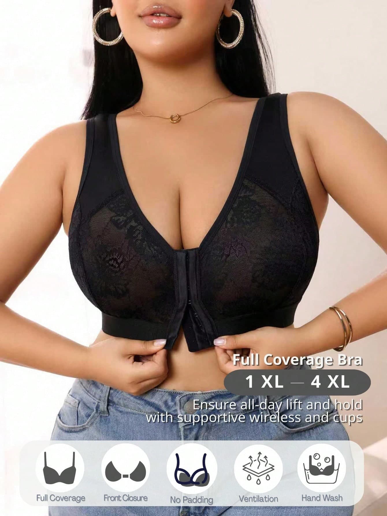 SHEIN 1pc Women's Plus Size Lace & Mesh Patchwork Front Closure Bra, Comfortable No Padding Wireless Full Coverage Bra For Summer, Black