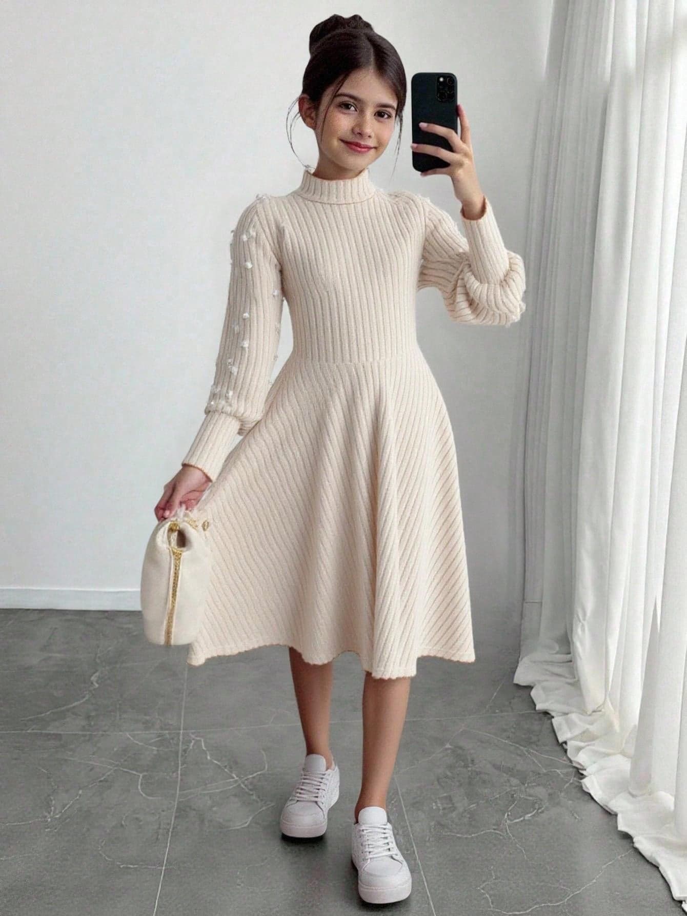 SHEIN Tween Girl Elegant Stand Collar Gigot Sleeve Beaded Waist Ruffle Hem Solid Color Knit Dress,Apricot Velvet Texture Beige Dress For Autumn Party Midi