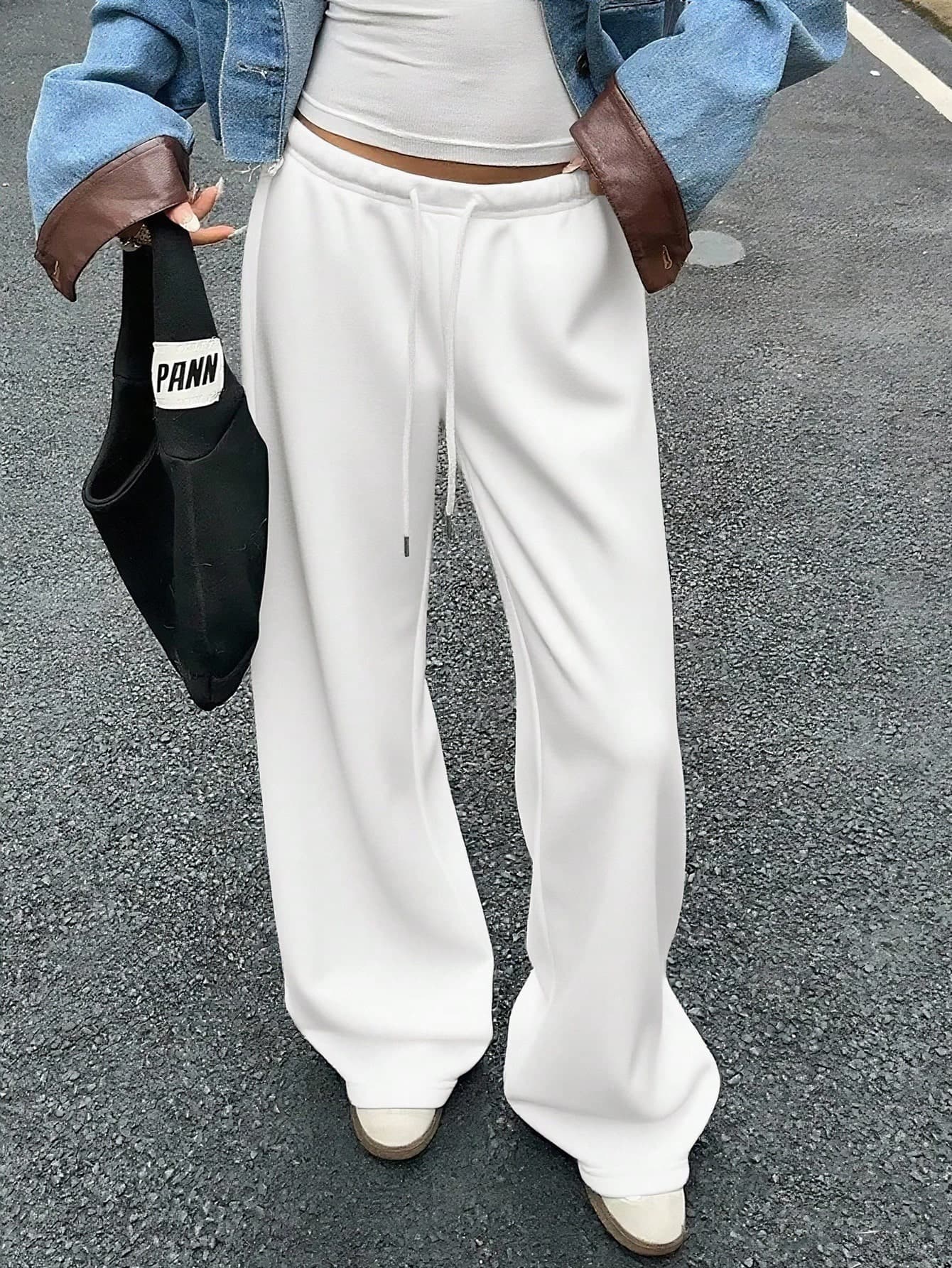 Muchica White Women's Casual Loose Front Tie Sweatpants, Suitable For Everyday Wear And Back To School Season, Autumn/Winter,Fall