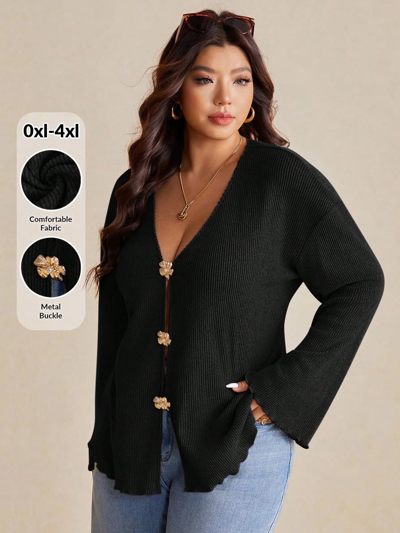 Elaquor Plus Size Faux Pearl Button Deep V-Neck Flare-Sleeved Knitted Coat Curve Cardigan In Spring Fall
