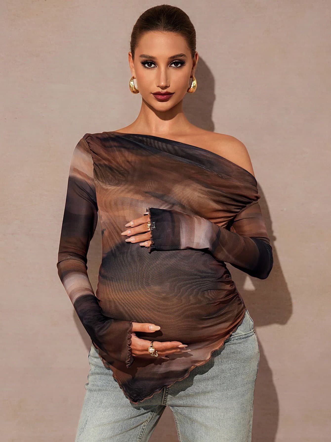 MaterniChic Maternity Oblique Shoulder Long Sleeve Ruffle Hem T-Shirt Fall Clothes Maternity Baby Shower Cute Top Off The Shoulder