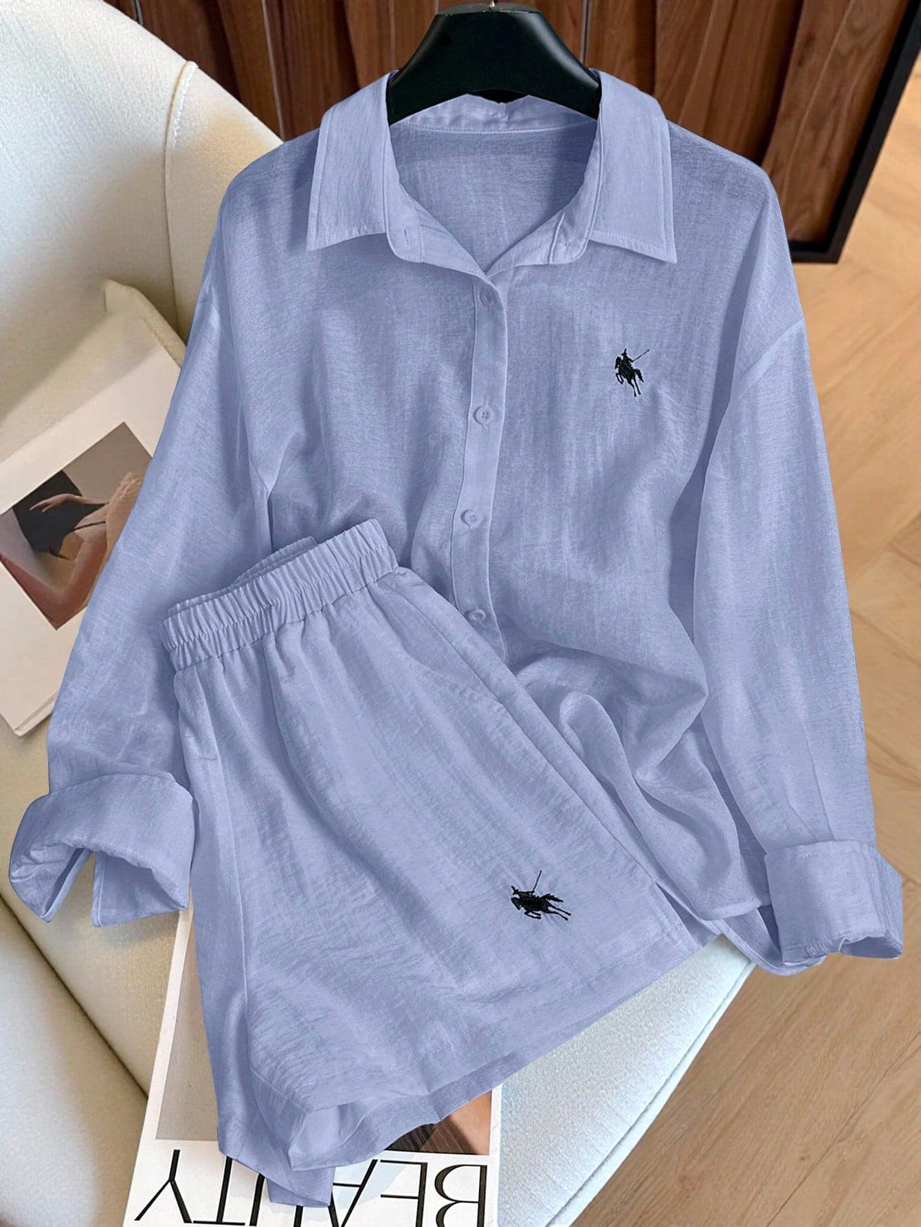 INAWLY Plus Size Embroidered Logo Shorts & Solid Color Long Sleeve Shirt 2 Pieces Set Fall
