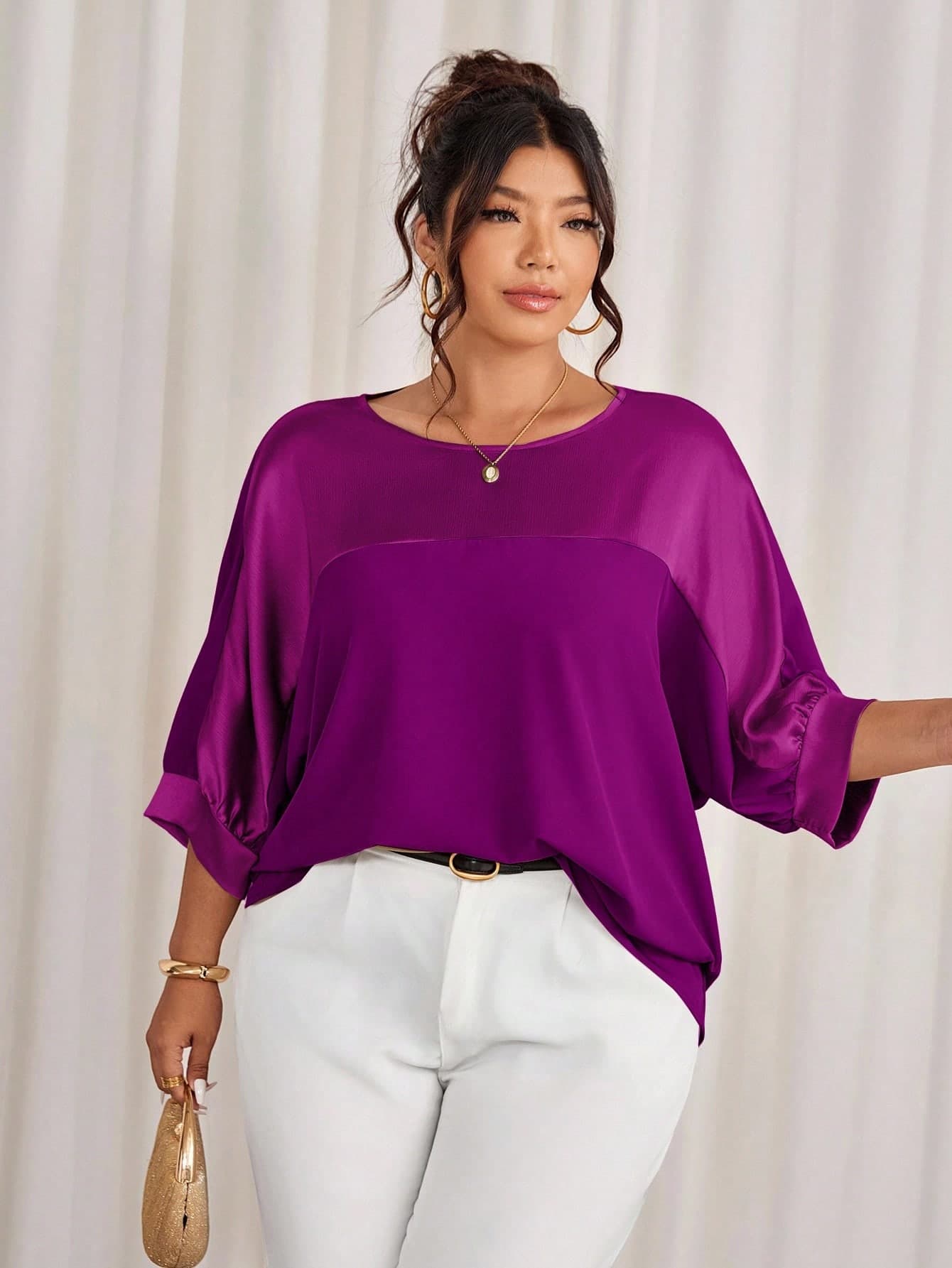 Cravure Plus Size Purple Autumn Elegant Formal Round Neck 3/4 Raglan Sleeve Metallic Fabric Patchwork Contrast Color Woven Cuff Casual Commute Party Shirt