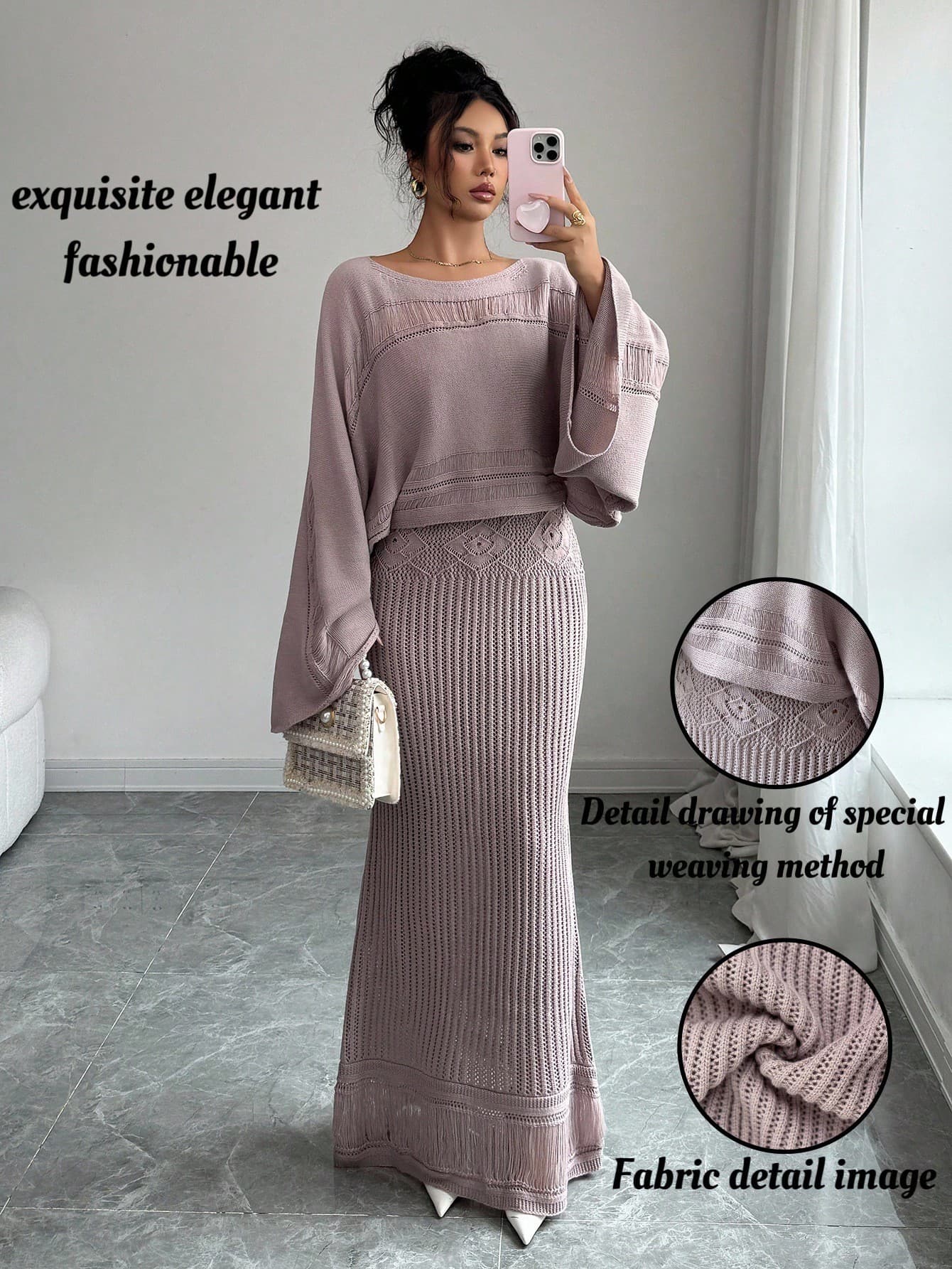 Elenzga Women's Autumn/Winter Casual Knit Sweater Top & Hollow Floral Patterned Cardigan 2-Piece Set, Versatile & Elegant For Outings, Work, School, Holidays