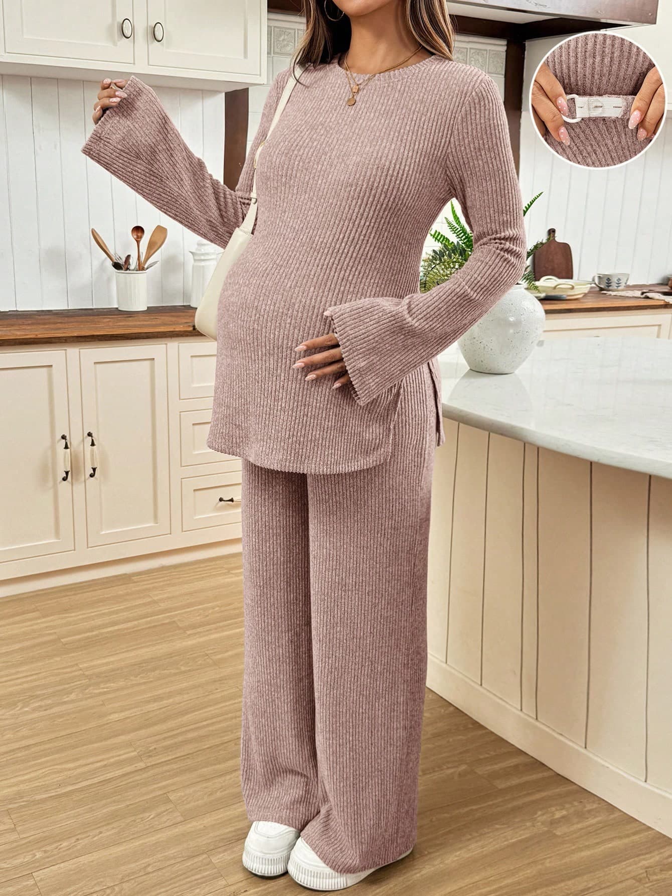 SHEIN 2pcs Maternity Set,Cerise Pink Autumn Smart Casual Everyday Solid Color Bell Sleeve Side Slit Top And Pants Comfortable Woman Maternity Clothes Suits