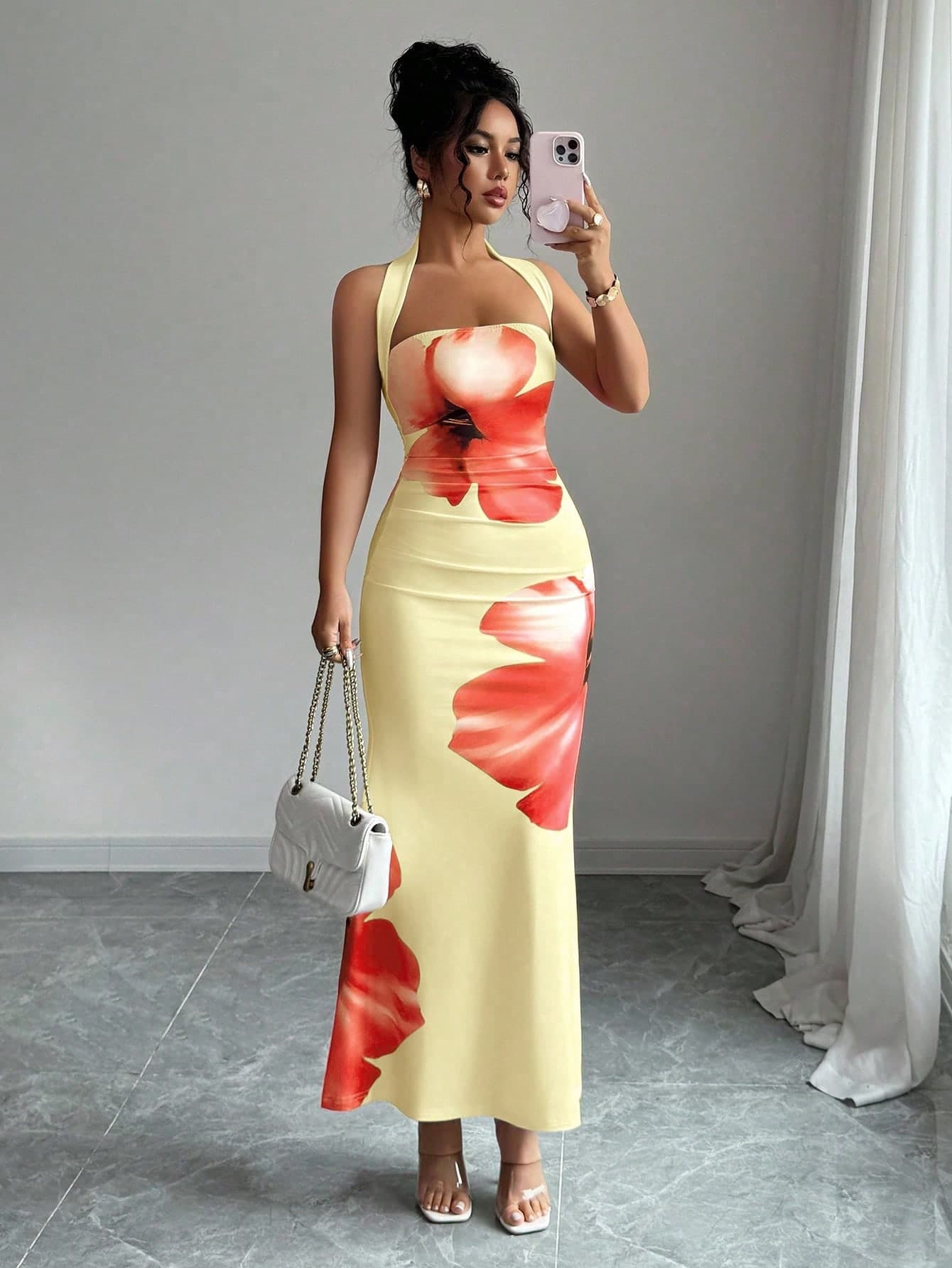 Elenzga Women's 2025 Summer Halter Tie Waist Slim Fit Printed Mid-Length Dress