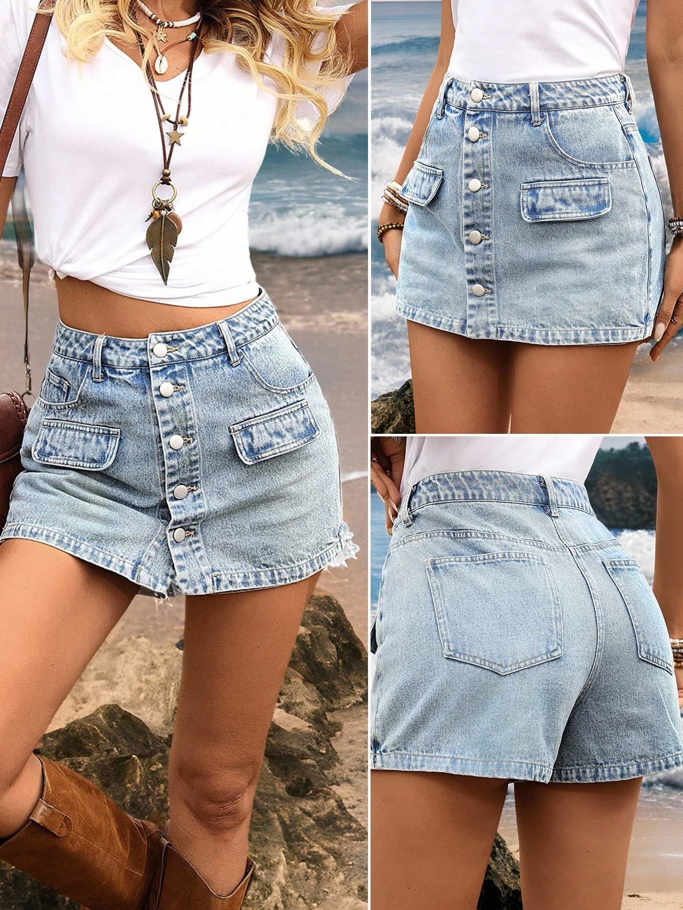 SHEIN Tall Solid Color High Waist Button Fly Denim Shorts, Tall Women