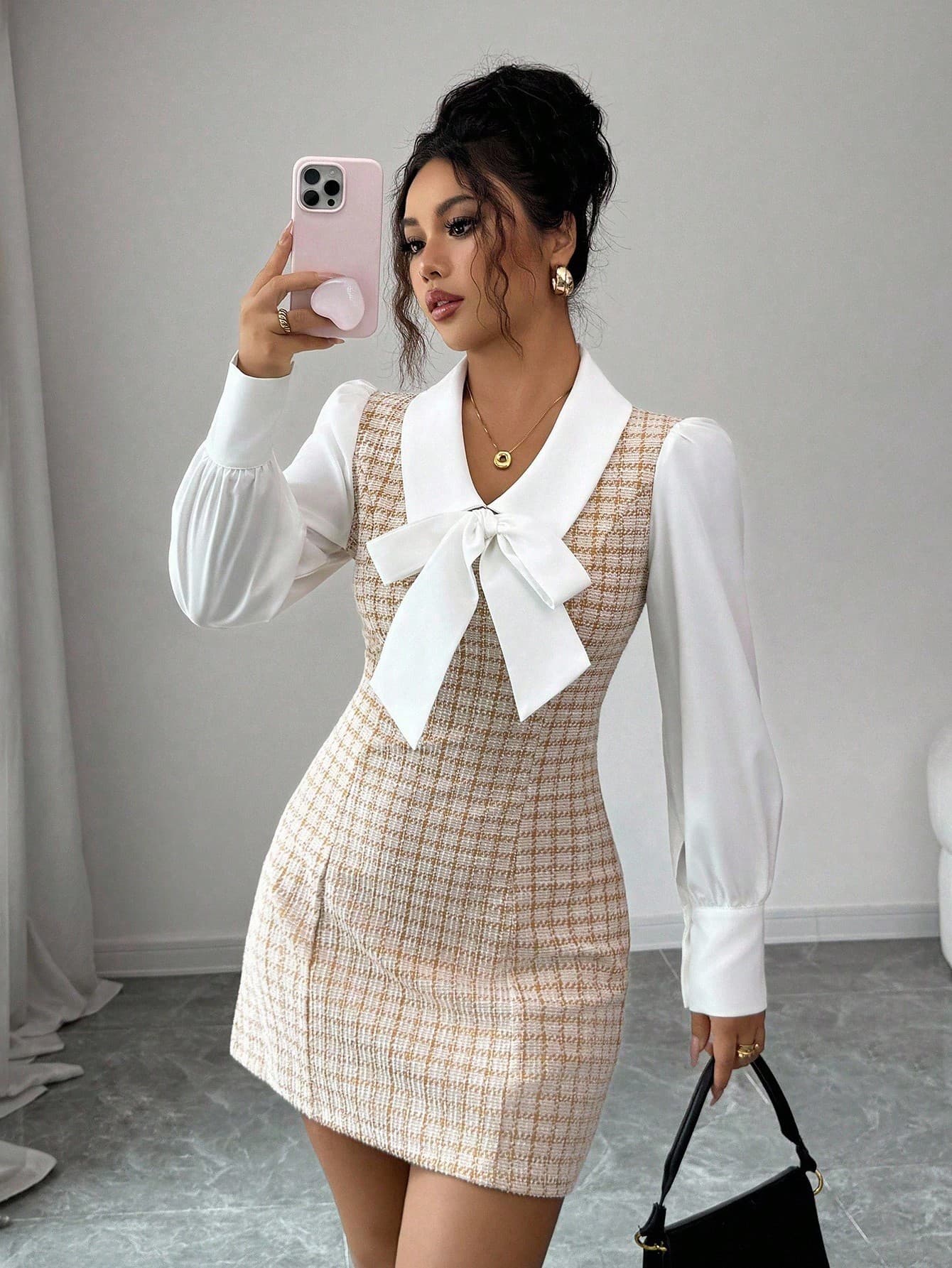 Elenzga Contrast Color Fabric Patchwork Bow Decor 2 In 1 Elegant Romantic Women Dress Fall Cloth For Women