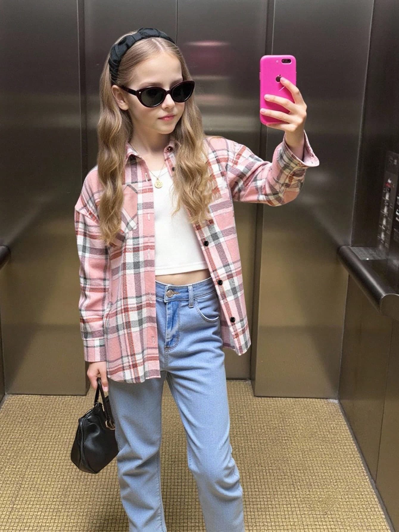 SHEIN Tween Girl Plaid Print Pocket Drop Shoulder Shirt