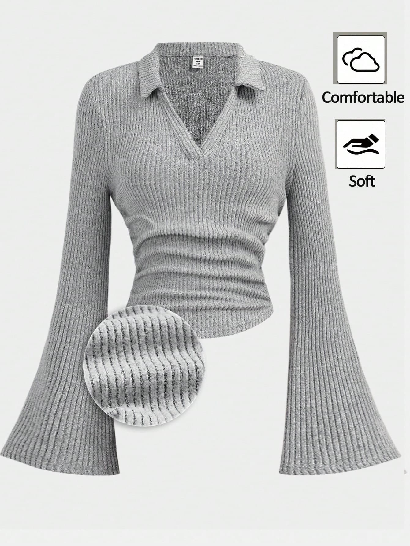 Girlism Teen Girl Solid Flounce Sleeve Crop Tee Grey Cropped Top Cropped Sweater Cropped Collared Top Ribbed Cropped Top Flare Sleeve Cropped Top Fall Winter