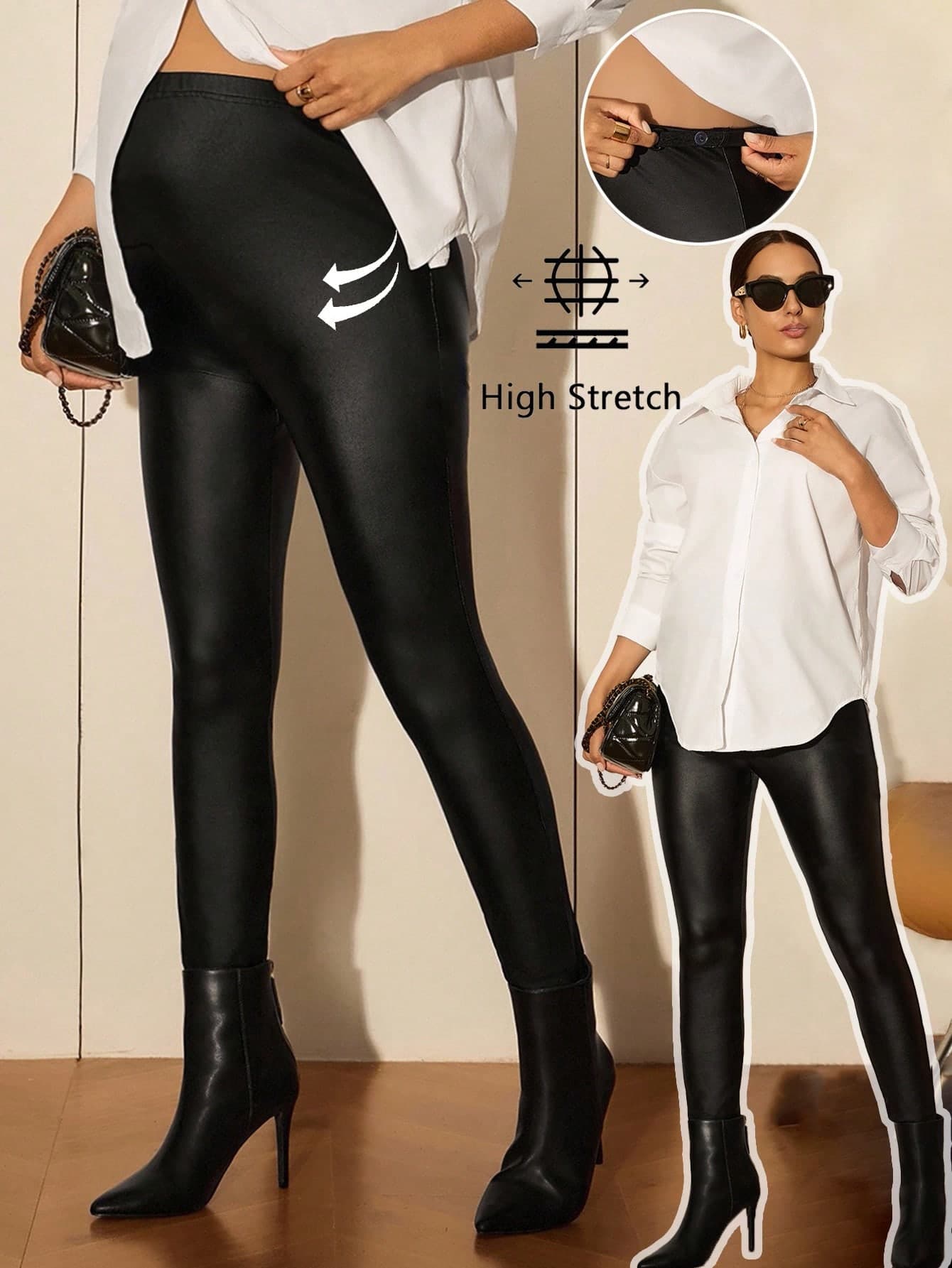 MaterniWear Maternity Work Black Leggings, Office,Business Casual,Fall,Autumn, Casual Everyday Solid Color Adjustable Waist Black Leggings Winter