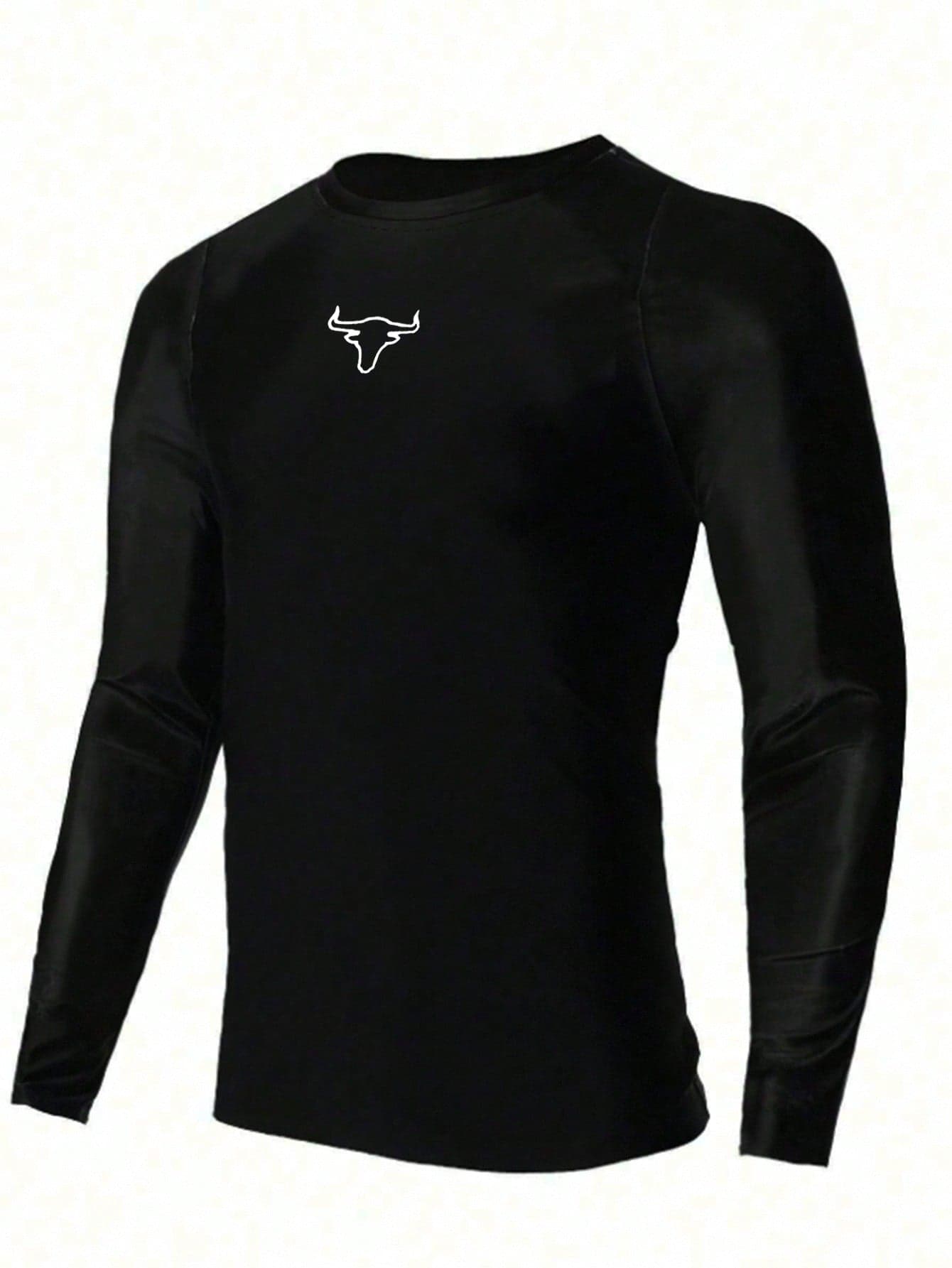 SHEIN Teen Boy Black Graphic Pattern Long Sleeve T-Shirt,Casual Gym Summer Collegiate Style,Comfortable Fashionable Soft Fabric For Daily Wear,Beach,Outdoor