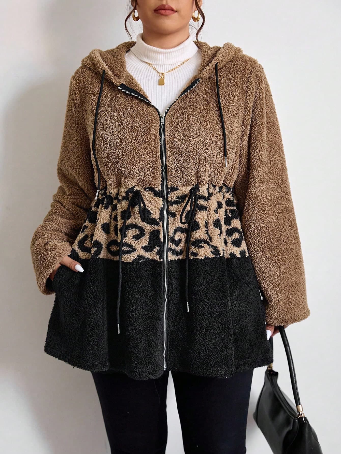 SHEIN Essnce Plus Size Casual Color Block Leopard Print Drawstring Hooded Jacket, Autumn/Winter Brown Jacket Women Brown Hoodie Fall/Winter