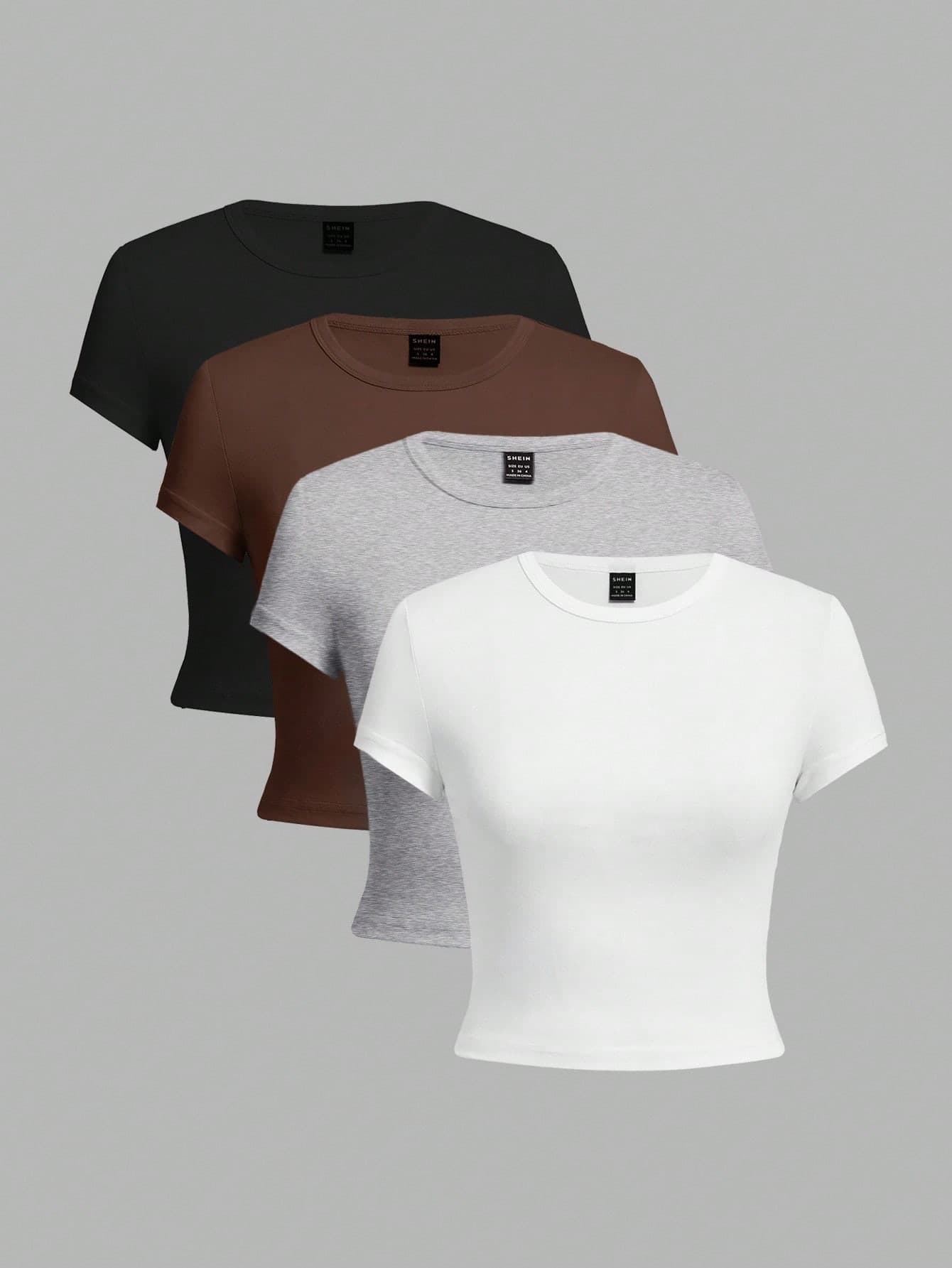 SHEIN EZwear 4pcs/Set Solid Color Cropped Round Neck Short Sleeve Fitted Women T-Shirt, Suitable For Summer