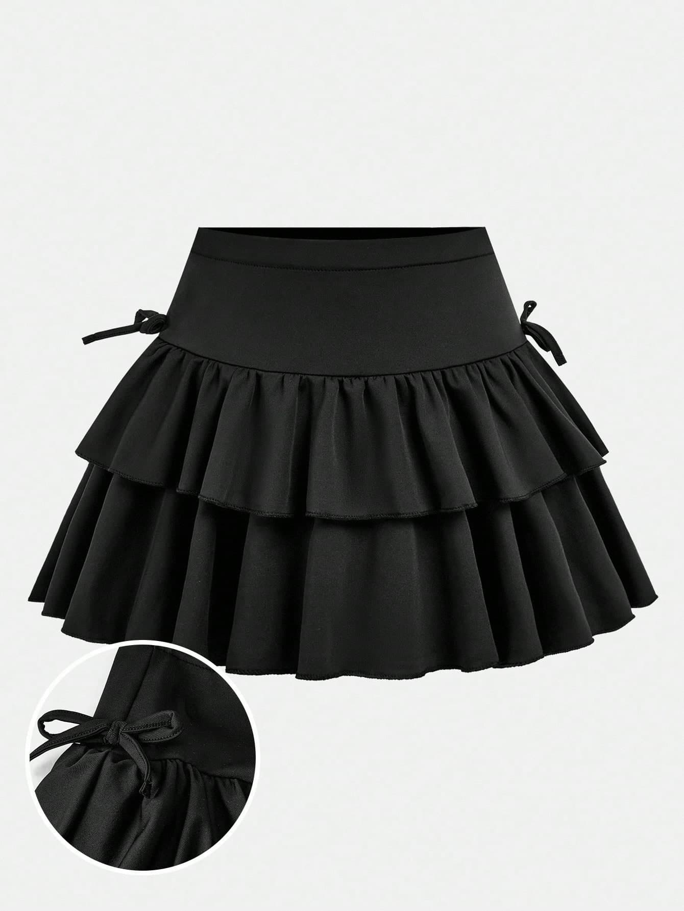 SHEIN Girlism Teen Girls Casual, Sports, School, Back To School, Black Undershorts With Ruffled Hem Skater Skirt, Spring And Summer Fall Winter