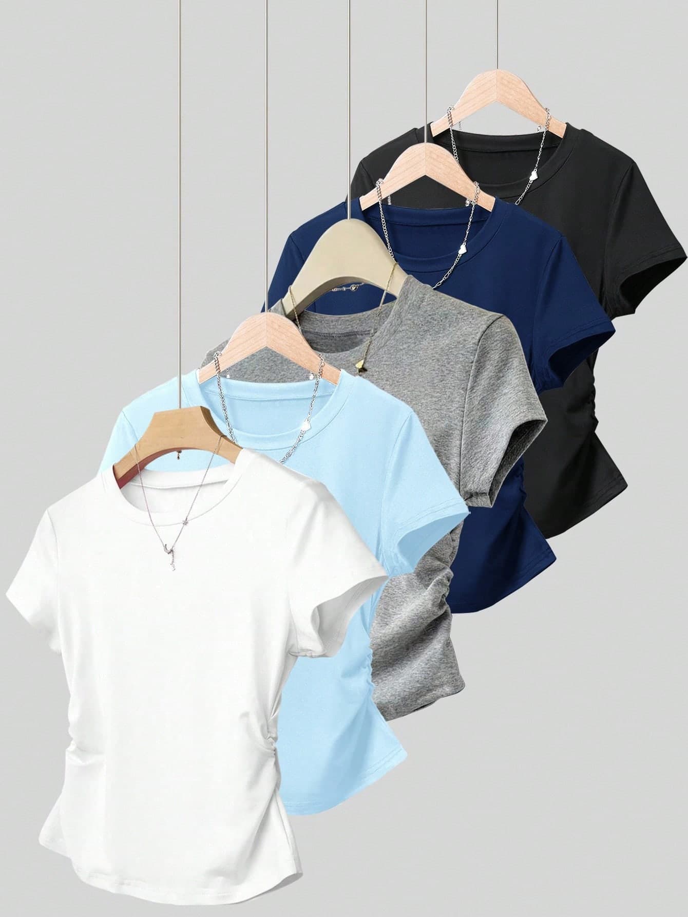 INAWLY 5pcs/Set Casual Cinched Waist Fitted Women Short Sleeve T-Shirts, Versatile For Summer