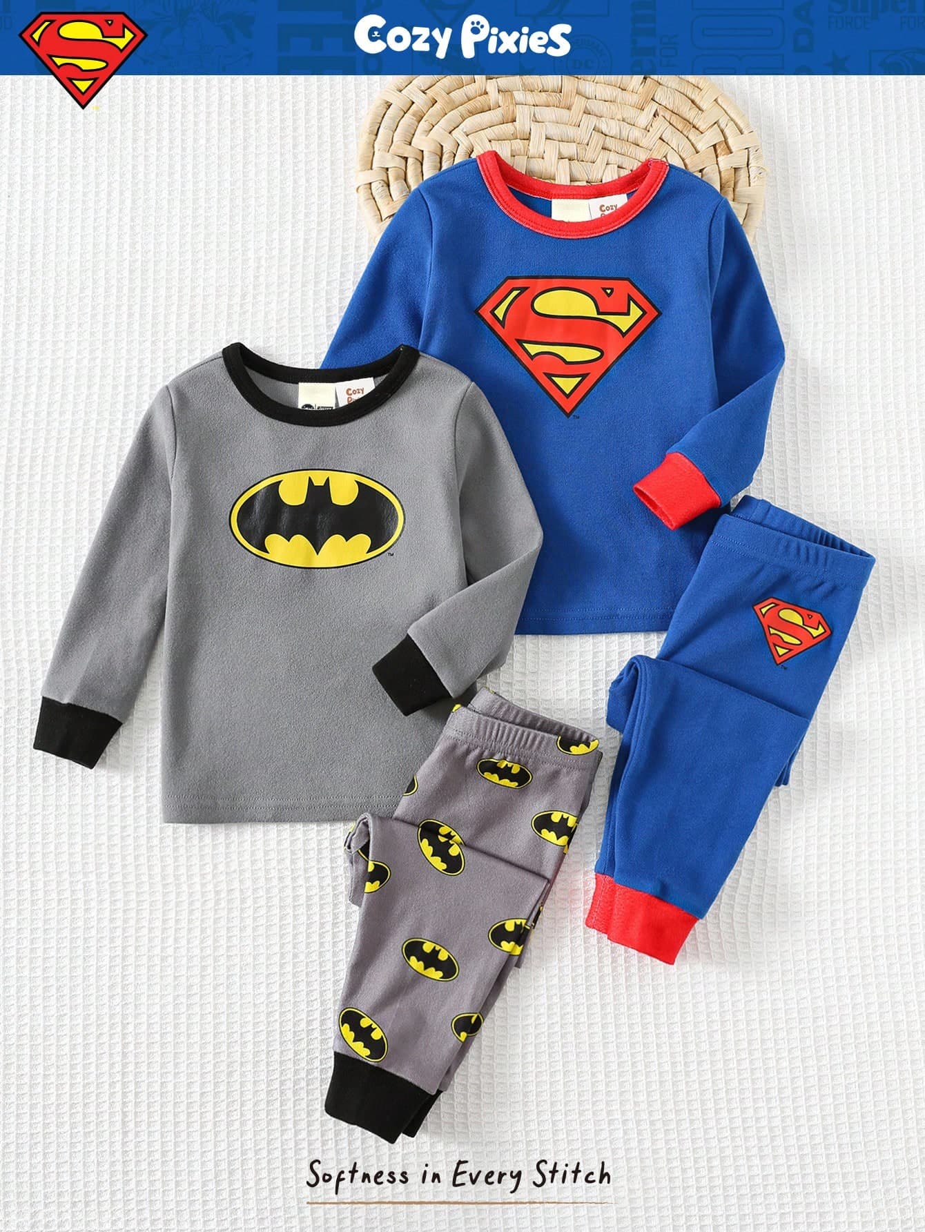 SUPERMAN X Cozy Pixies 4pcs Baby Boy Snug Fit Pajama Set, Soft Knit Crew Neck Long Sleeve Top And Elastic Waist Long Pants With Superhero Print,Kids