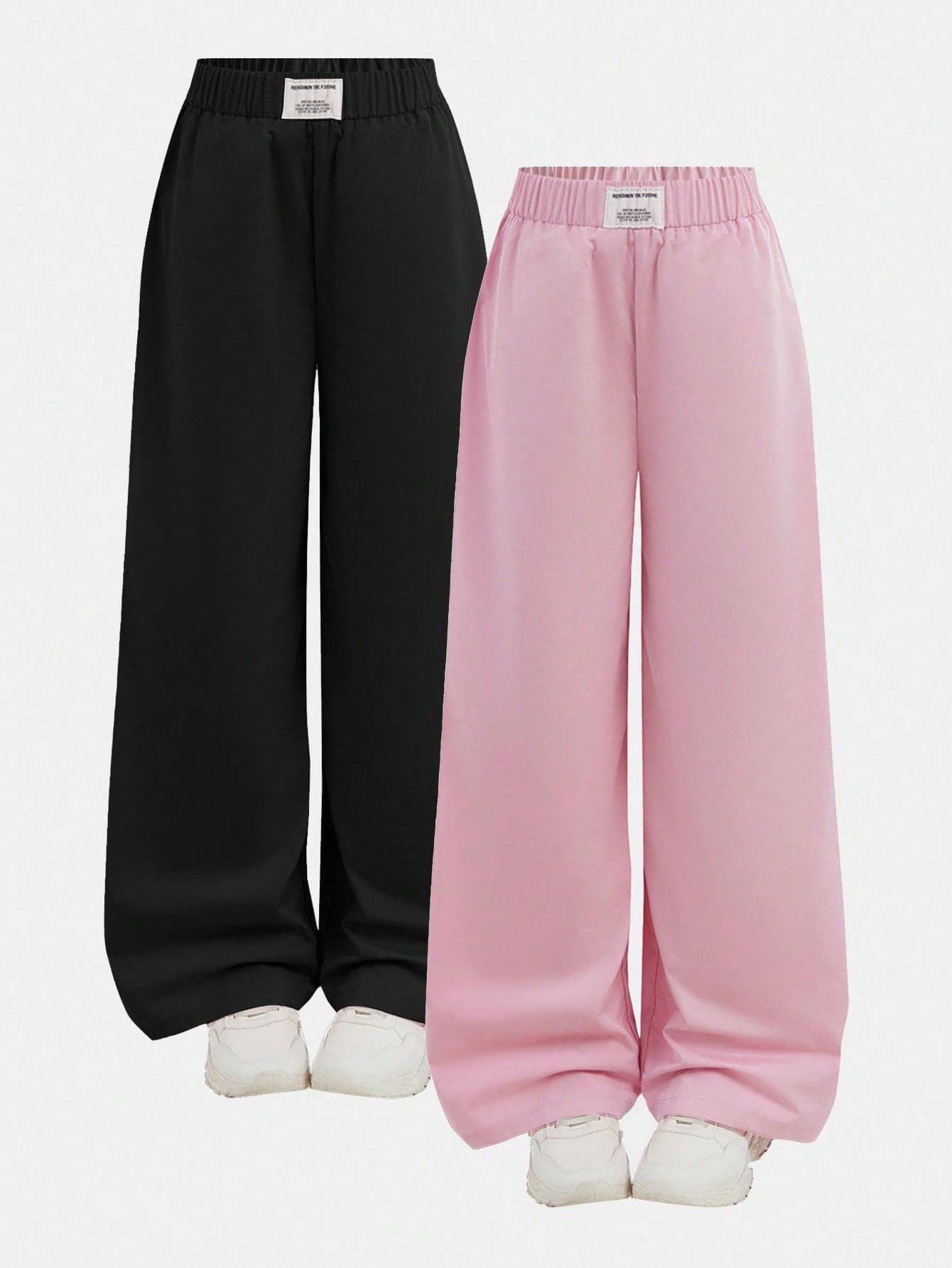 2Pcs Tween Girls Casual Loose Wide Leg Pants,Black And Pink Patch Dec Relaxed Style Sweatpants For School,Summer Streetwear,Fall Winter Clothes