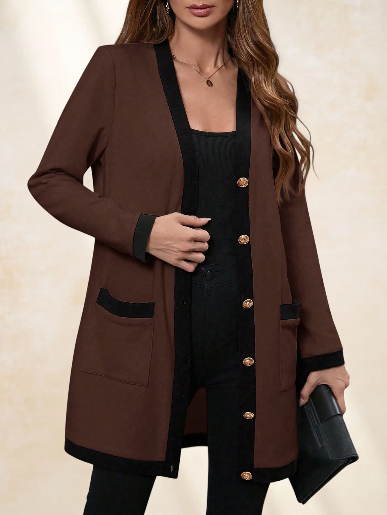 SHEIN Clasi Plus Size Women Elegant,Comfortable Metal Button Closure Long Warm Cardigan,Black & White,For Autumn,Office,Ladies Windbreaker,Business Casual Winter