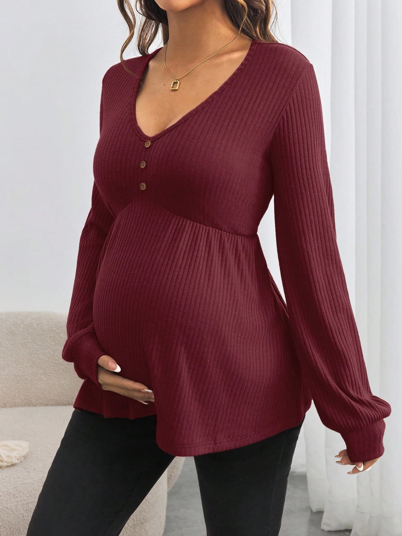 SHEIN Maternity V-Neck Long Sleeve Loose T-Shirt With Buttons, Fall Clothes